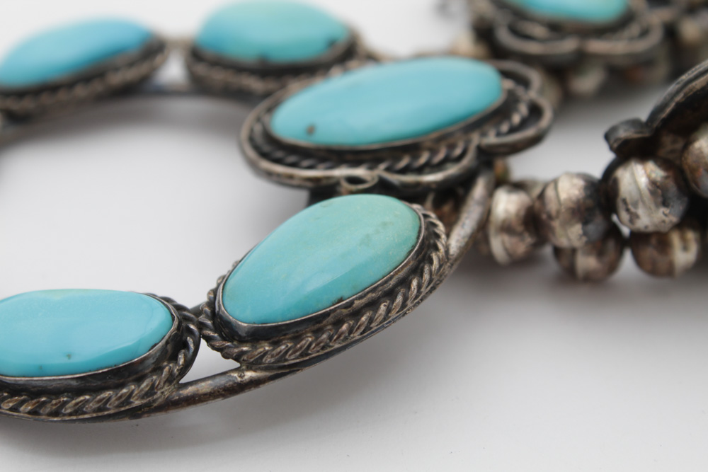 Native American Style Sterling Silver Turquoise Squash Blossom Necklace