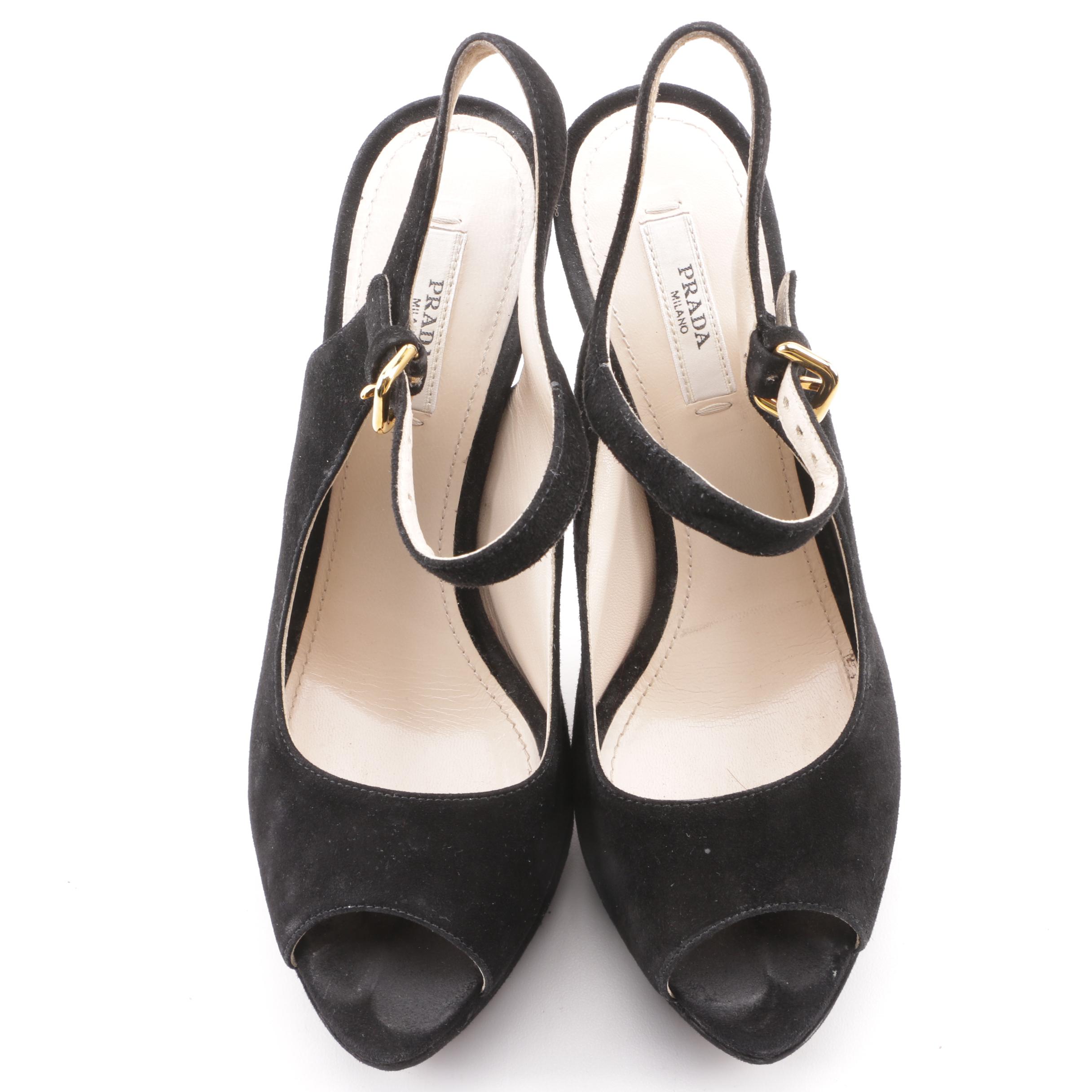 Prada Milano Black Suede Peep-Toe Platform Sandals