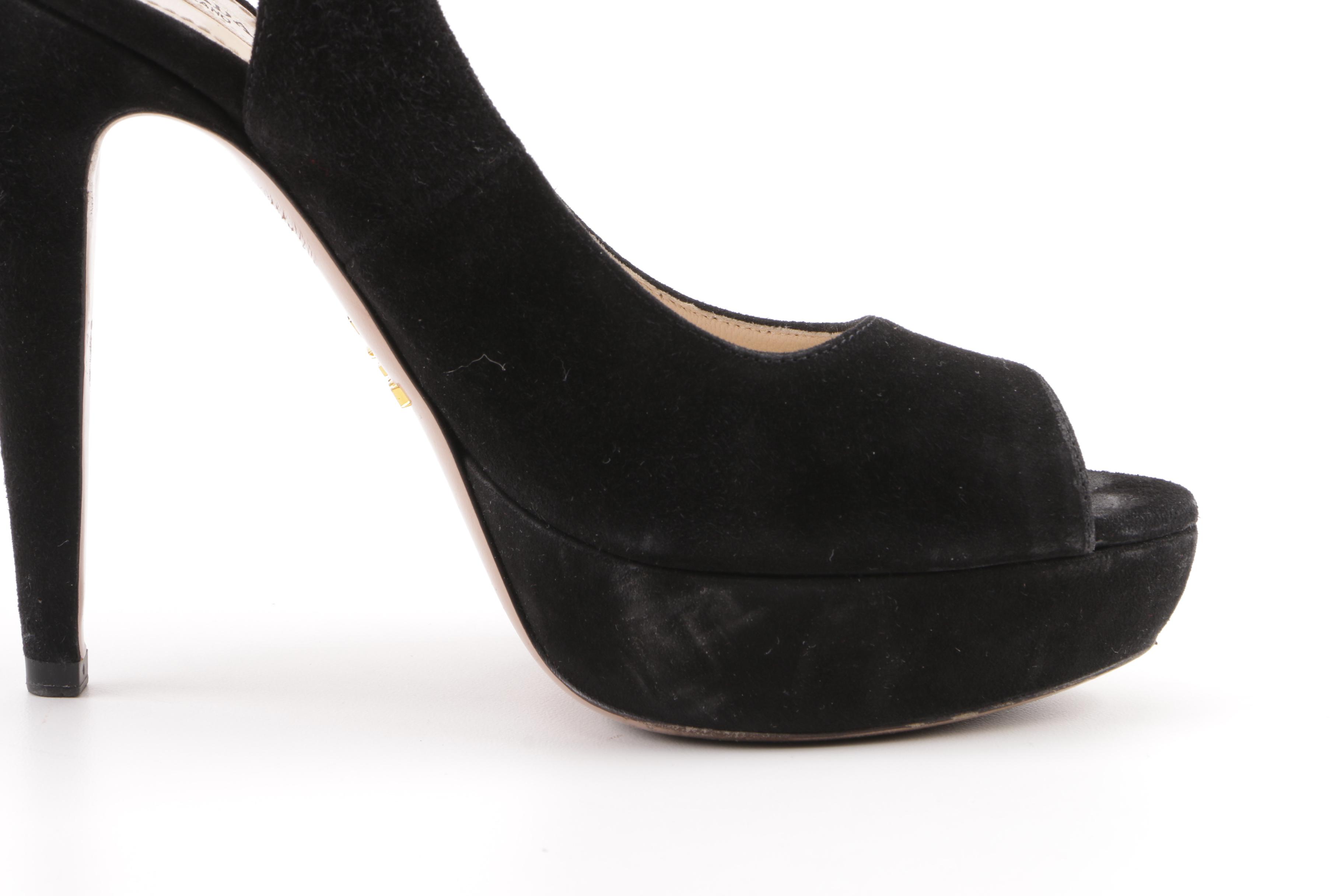 Prada Milano Black Suede Peep-Toe Platform Sandals
