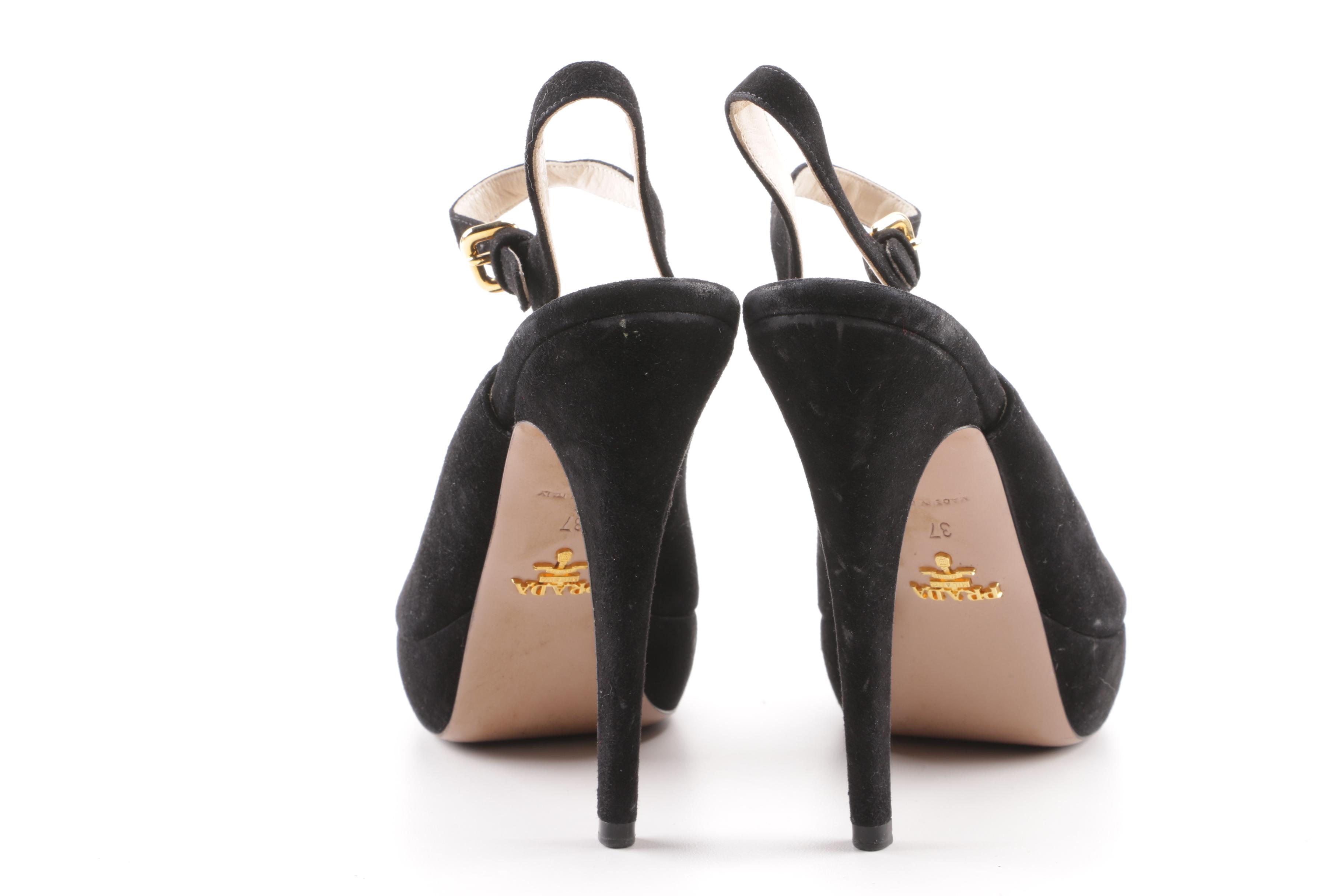 Prada Milano Black Suede Peep-Toe Platform Sandals