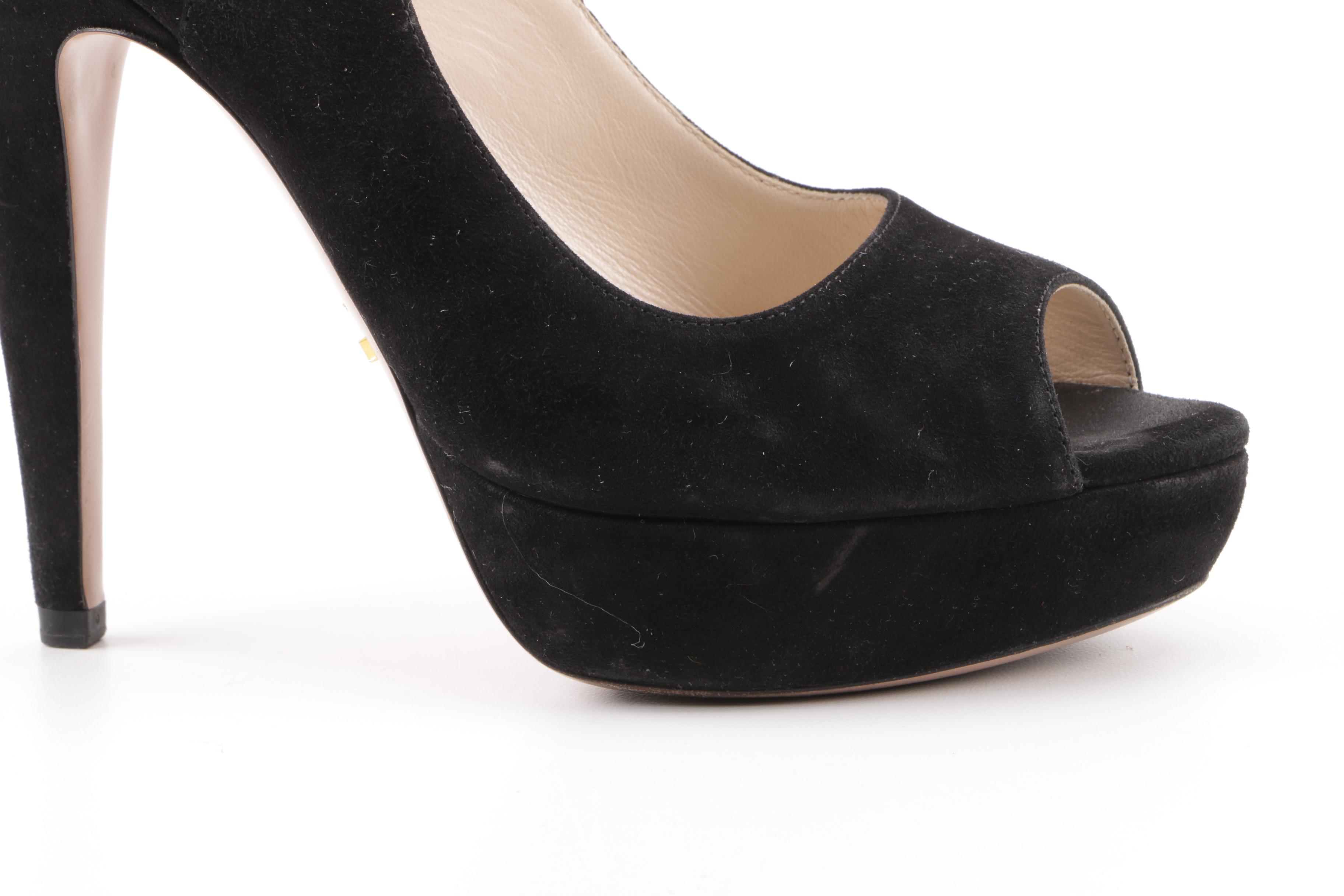 Prada Milano Black Suede Peep-Toe Platform Sandals