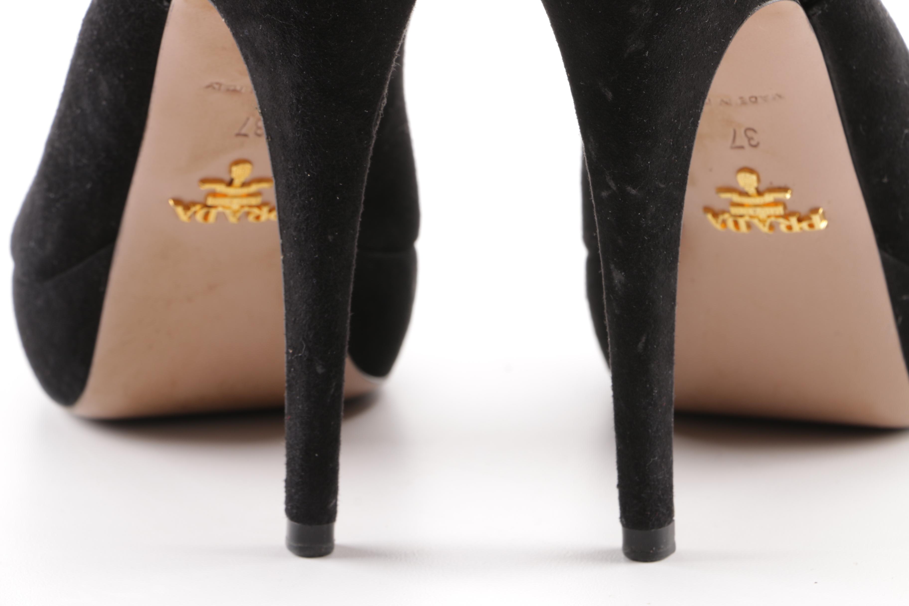 Prada Milano Black Suede Peep-Toe Platform Sandals