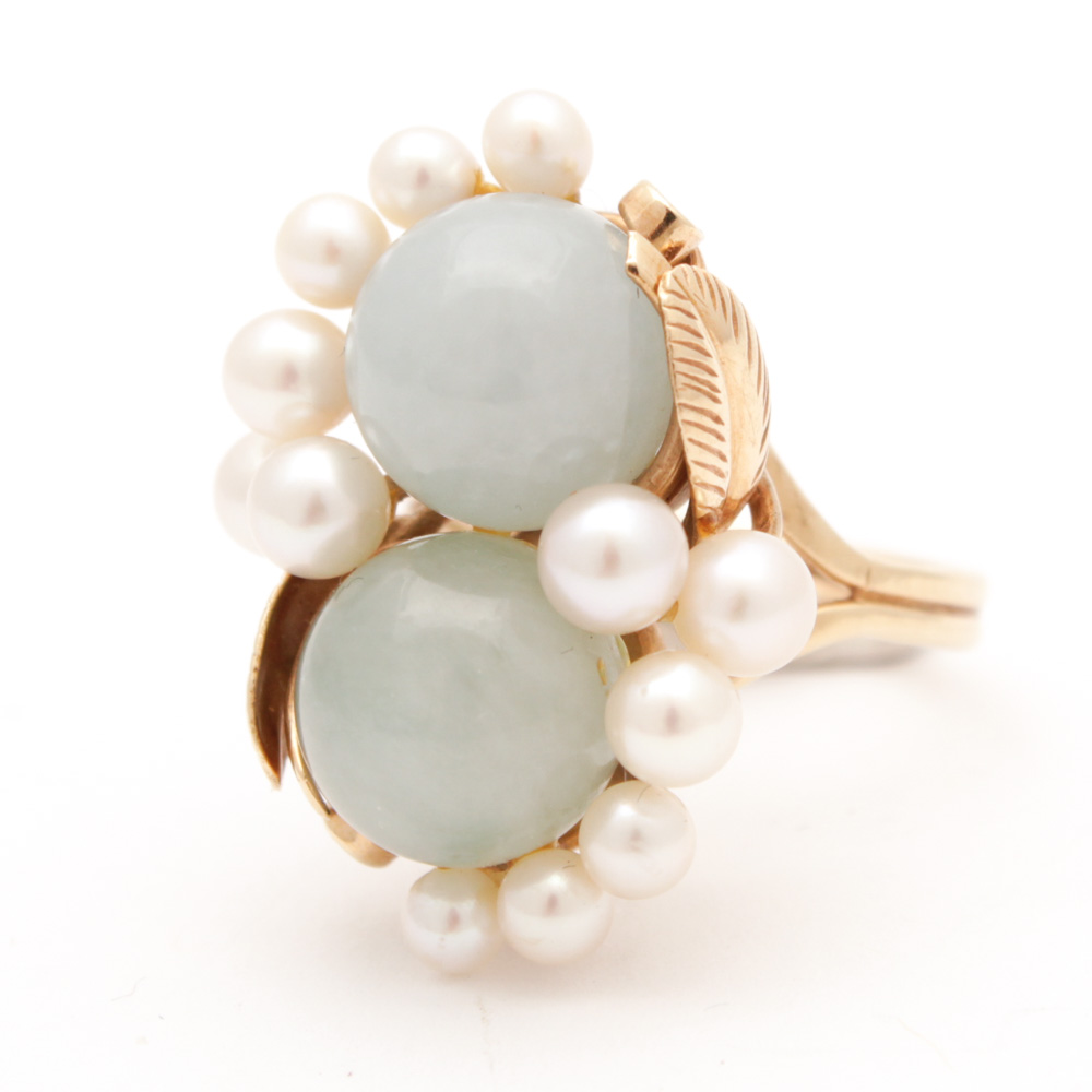 Ming's 14K Yellow Gold Cultured Pearl Green Quartz Ring