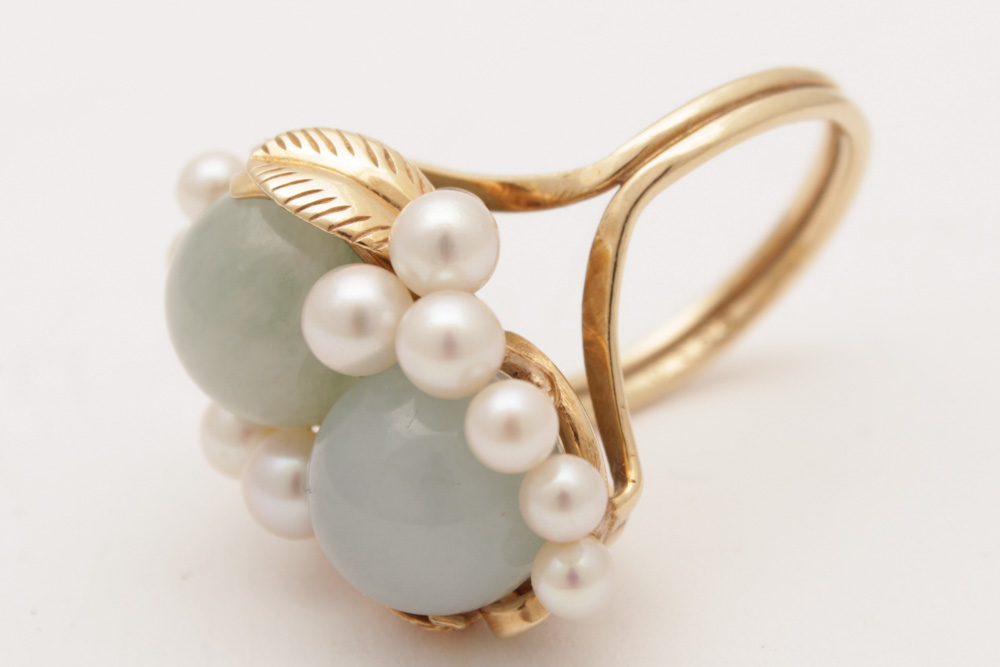 Ming's 14K Yellow Gold Cultured Pearl Green Quartz Ring