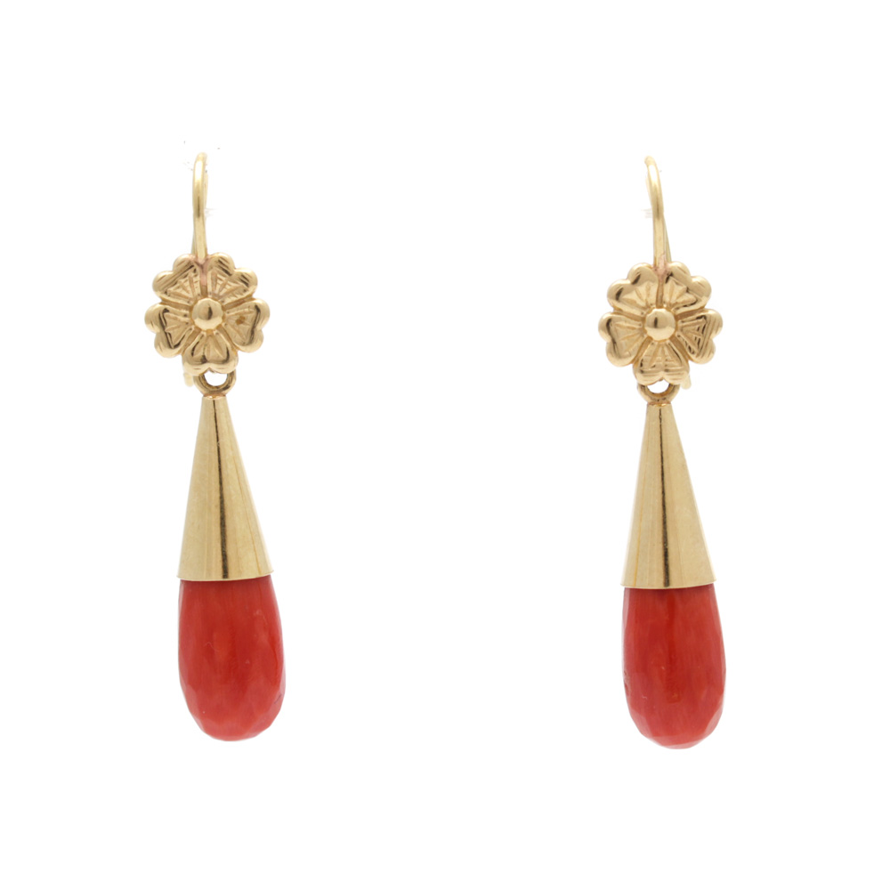 18K Yellow Gold Faceted Coral Briolette Earrings