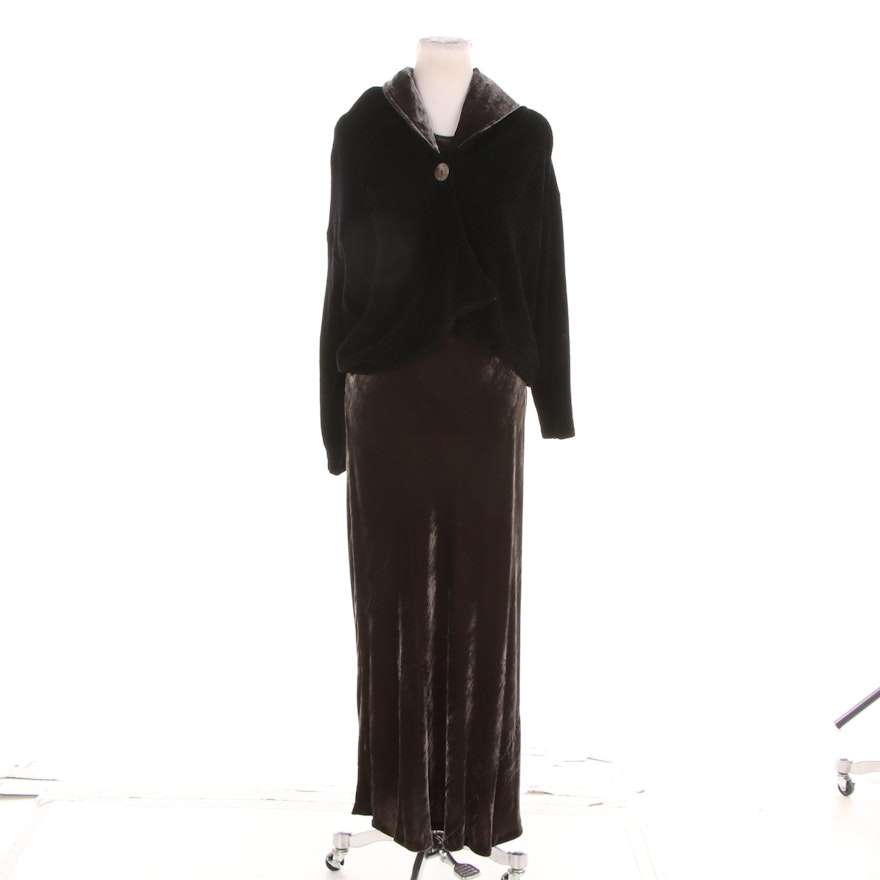 Margaret O'Leary Brown Velvet Bodycon Maxi Dress with Matching Jacket