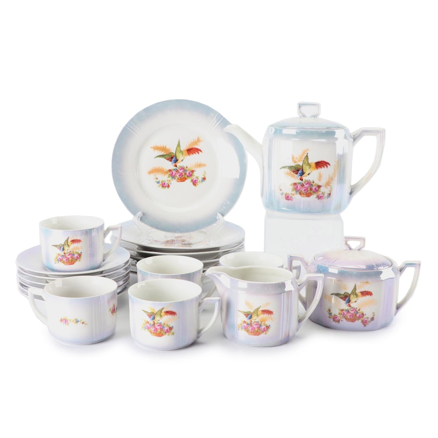 German Lusterware Porcelain Tea Service with Bird Motif