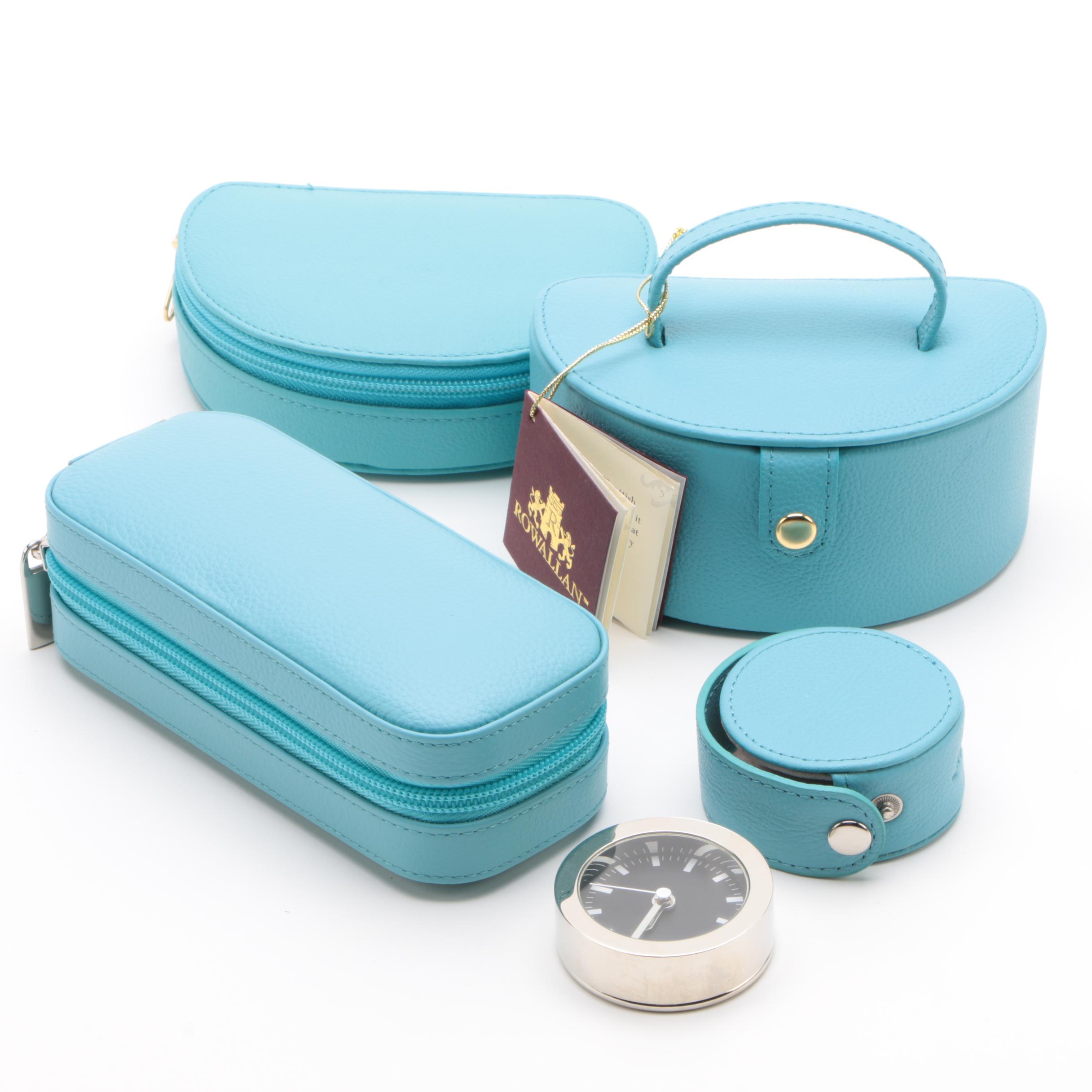 Rowallan Blue Full Grain Leather Jewelry Cases and Travel Alarm Clock