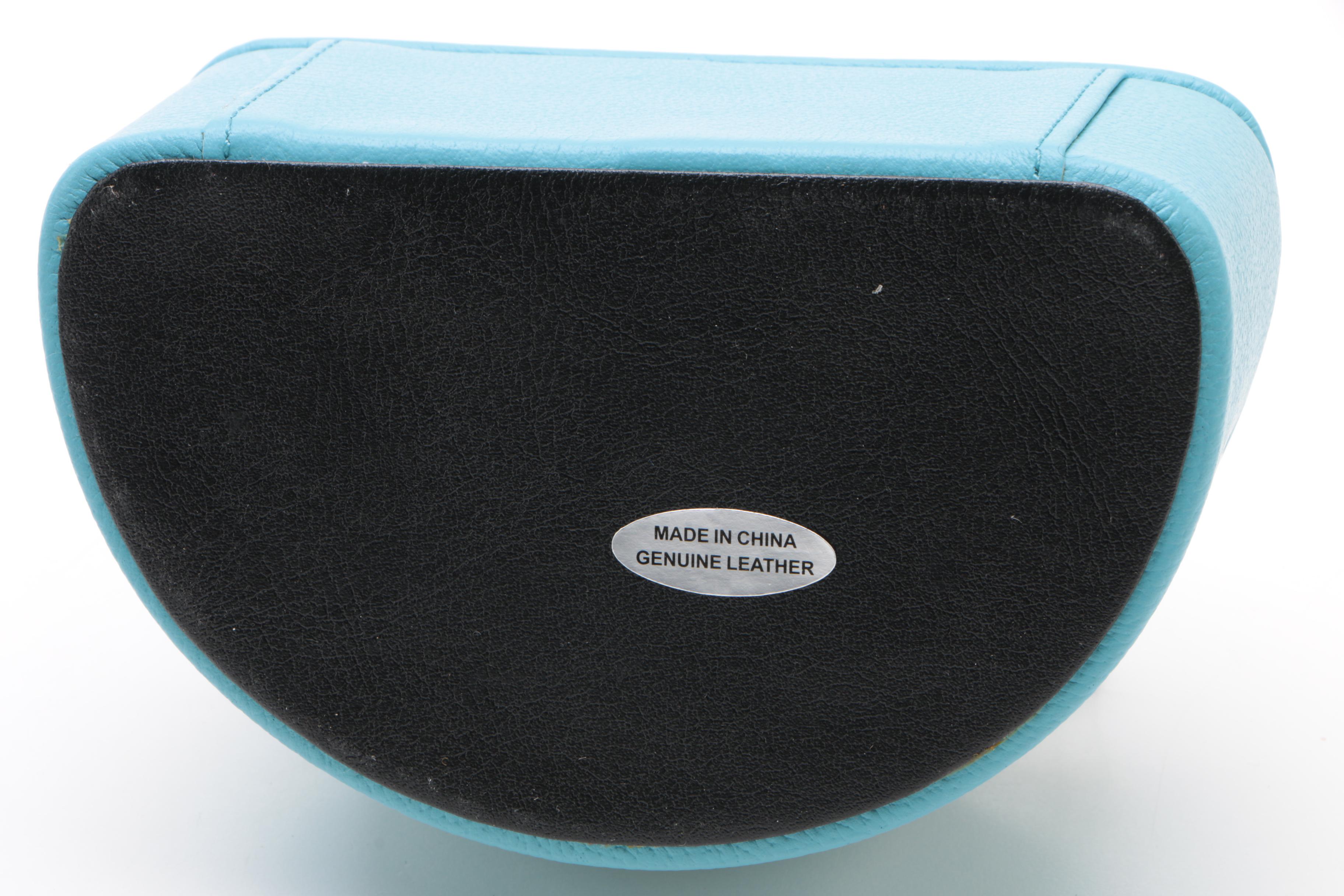 Rowallan Blue Full Grain Leather Jewelry Cases and Travel Alarm Clock