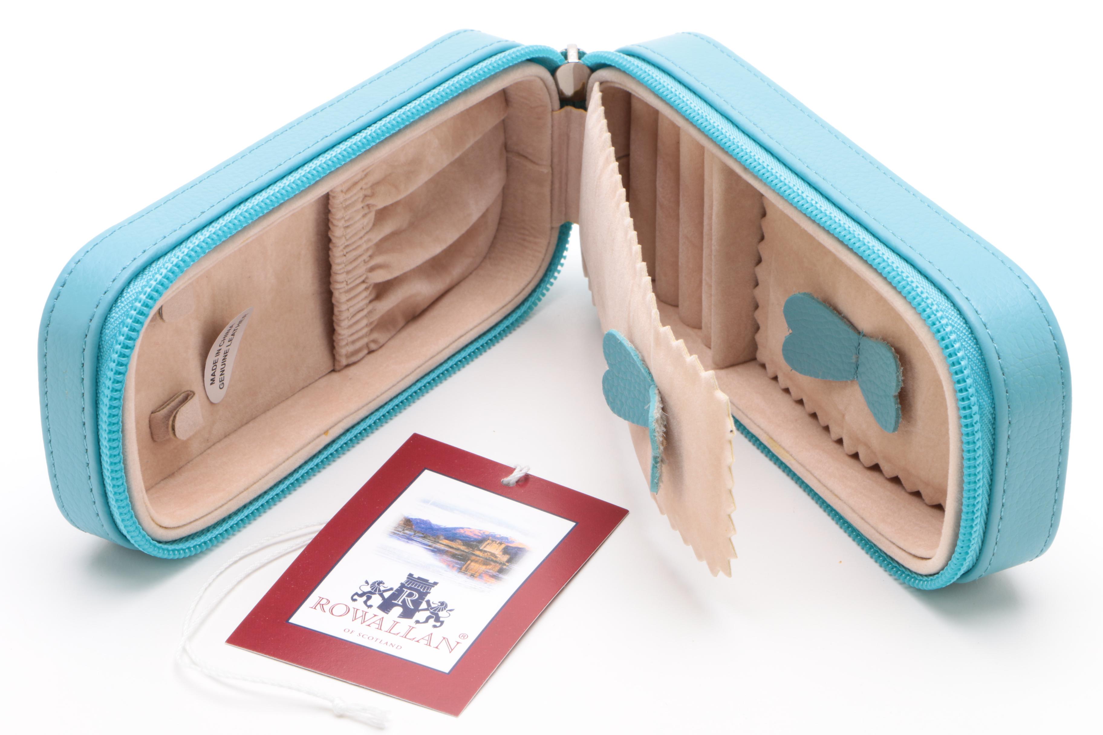 Rowallan Blue Full Grain Leather Jewelry Cases and Travel Alarm Clock