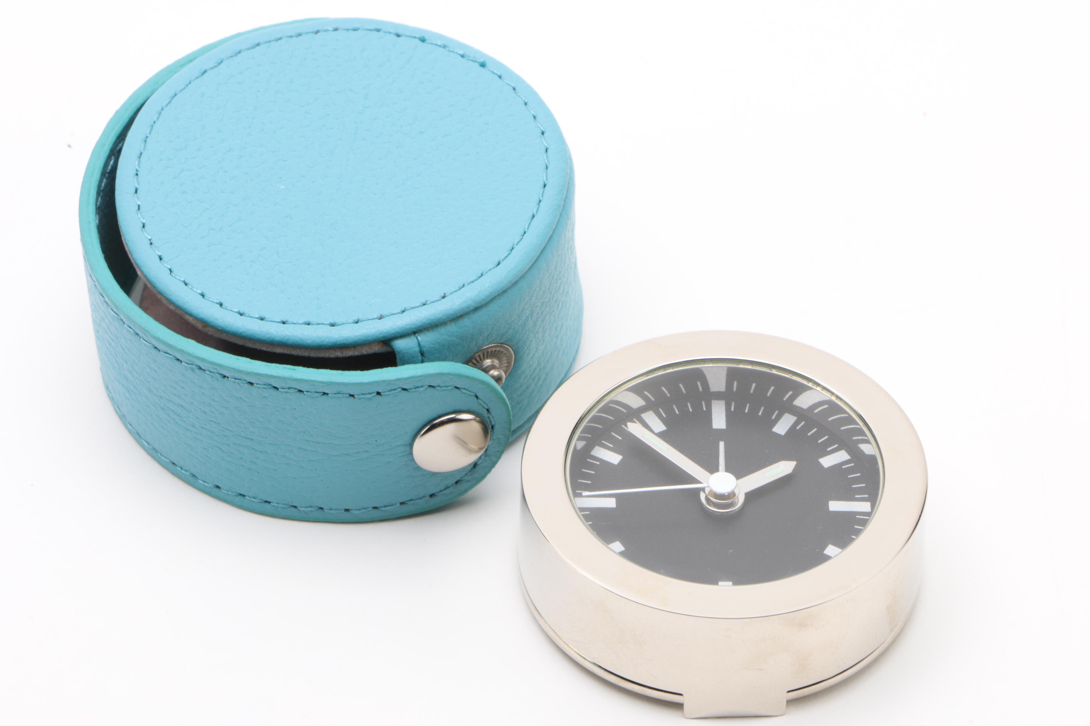 Rowallan Blue Full Grain Leather Jewelry Cases and Travel Alarm Clock