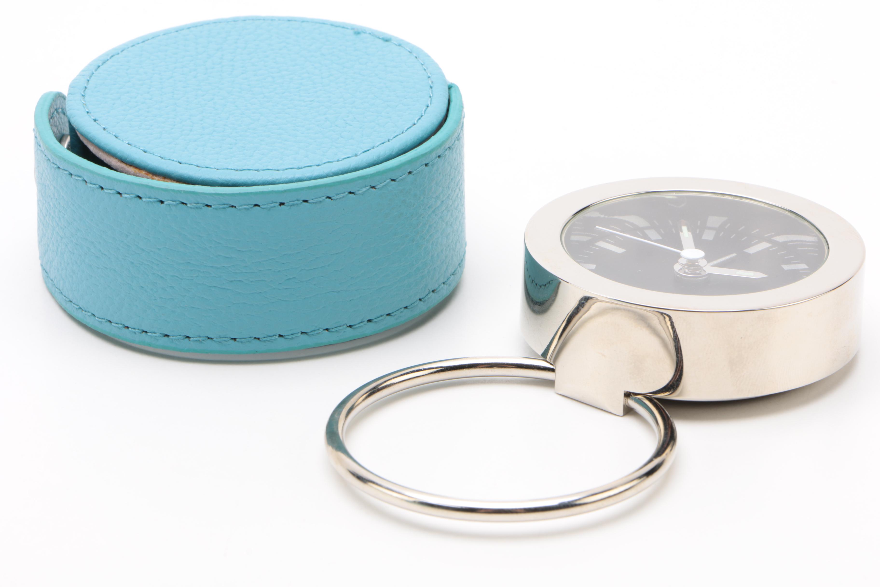 Rowallan Blue Full Grain Leather Jewelry Cases and Travel Alarm Clock