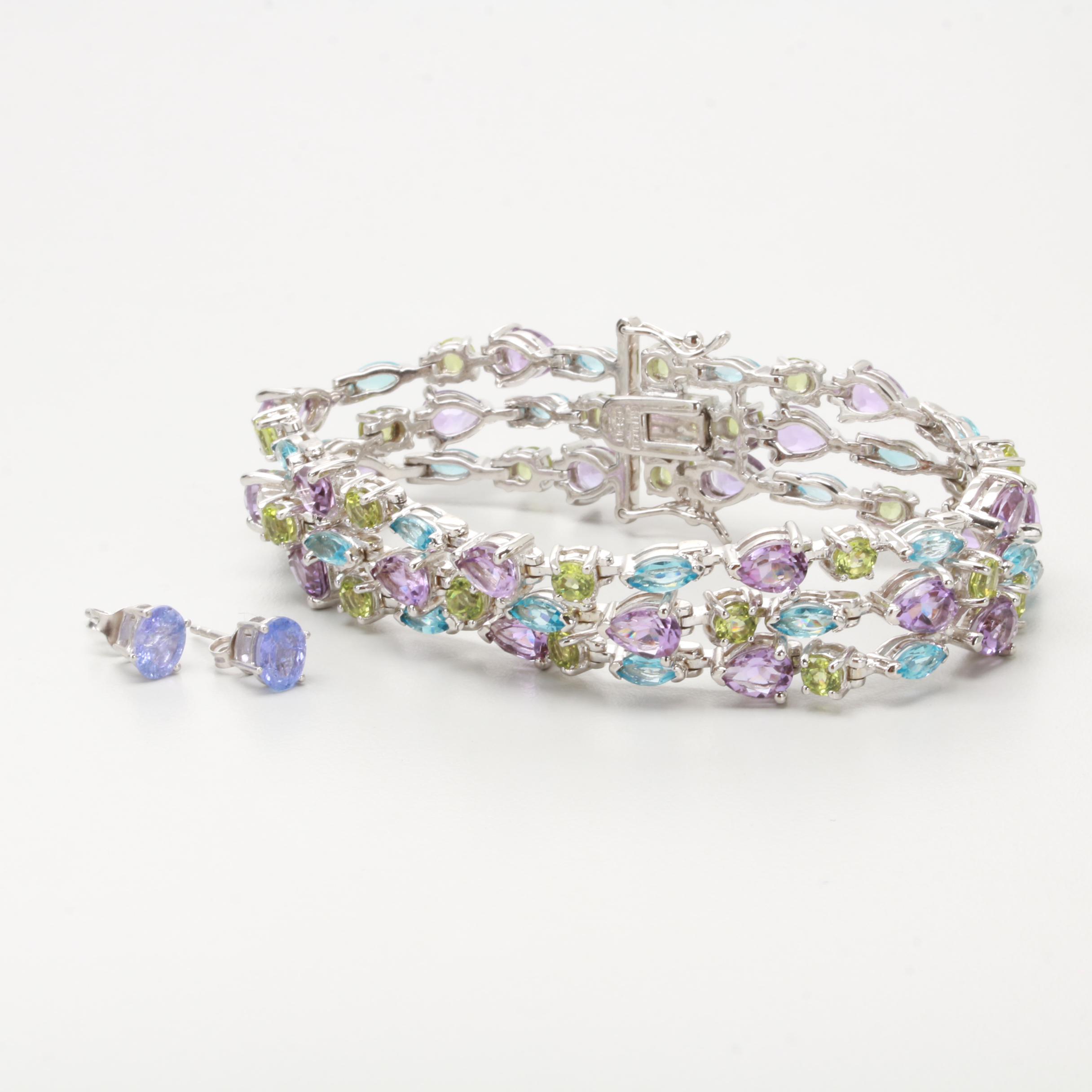 Sterling Silver Blue Topaz, Amethyst and Peridot Bracelet and Stud Earrings