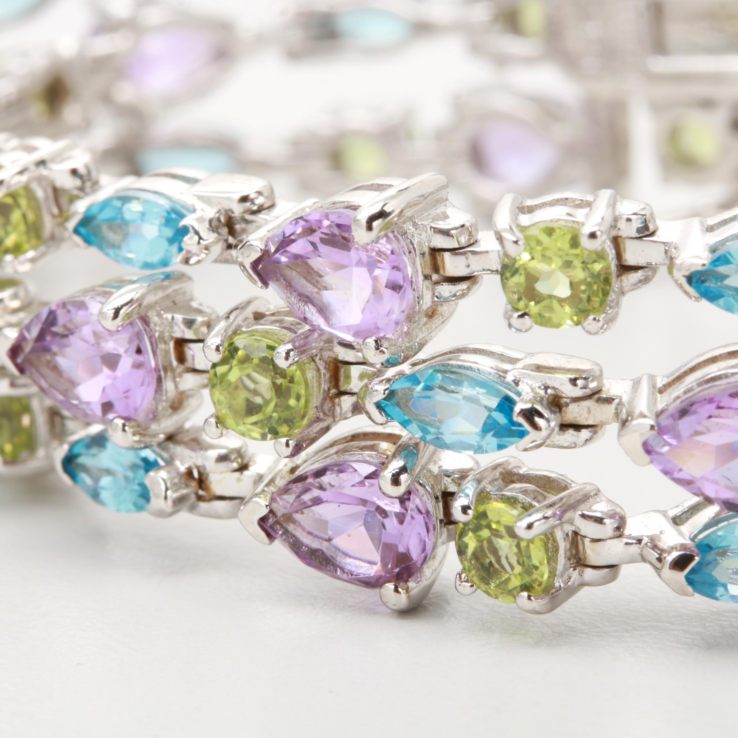 Sterling Silver Blue Topaz, Amethyst and Peridot Bracelet and Stud Earrings