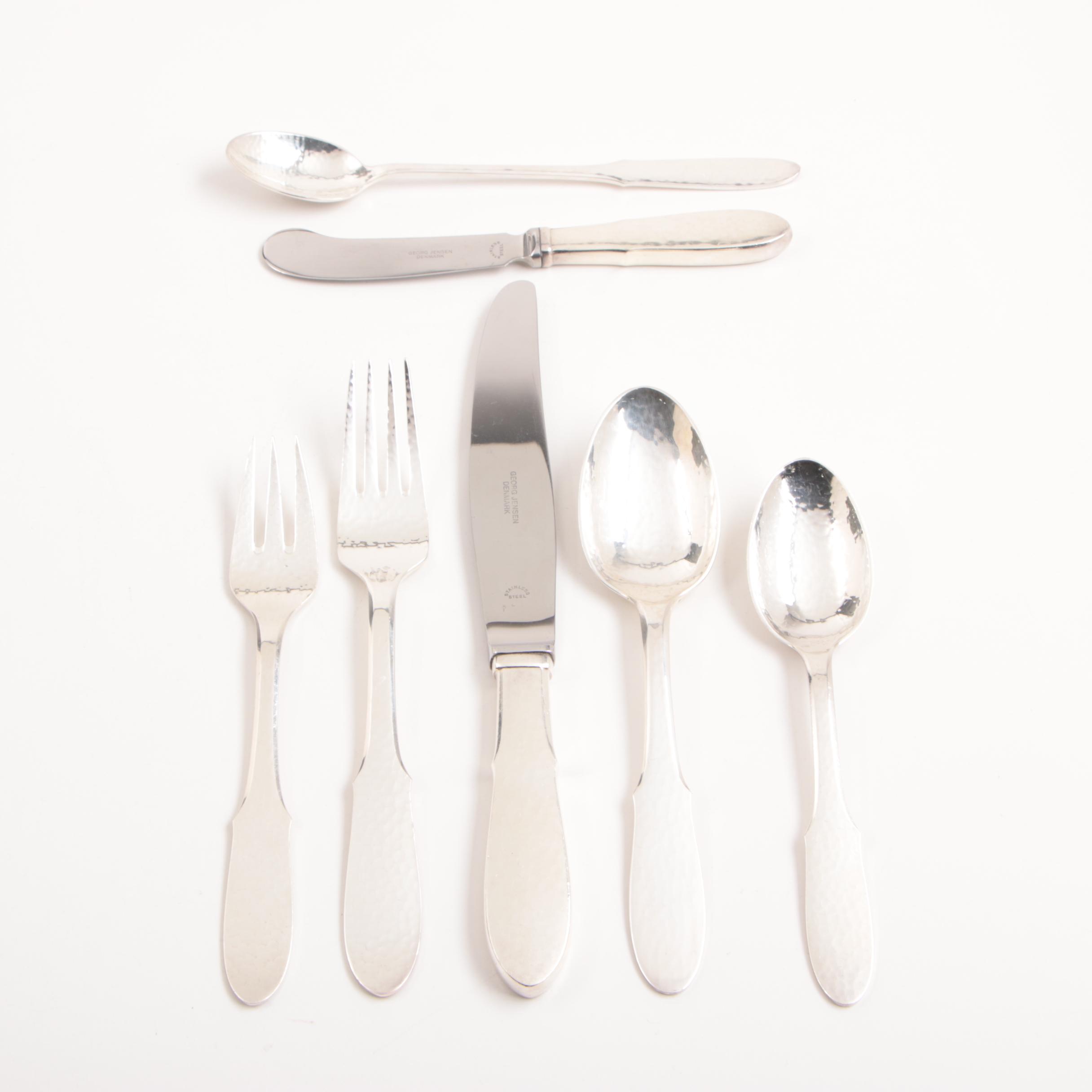 Danish Georg Jensen Silver Plate "Mermaid" Hammered Flatware Set