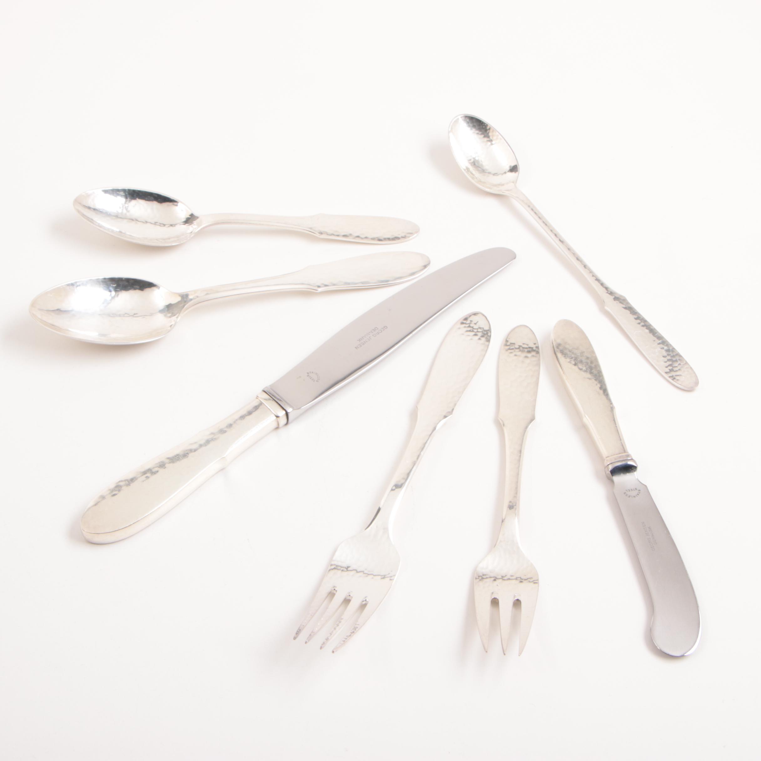 Danish Georg Jensen Silver Plate "Mermaid" Hammered Flatware Set