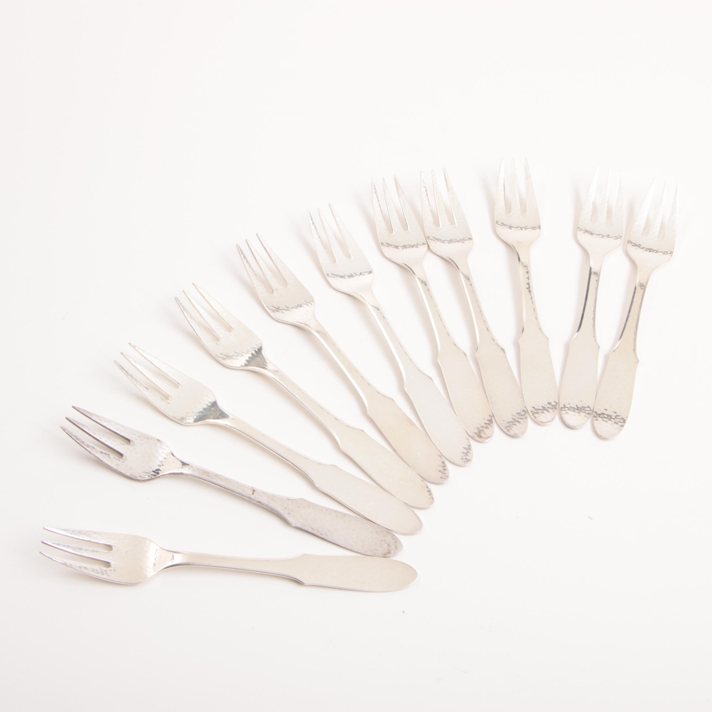 Danish Georg Jensen Silver Plate "Mermaid" Hammered Flatware Set