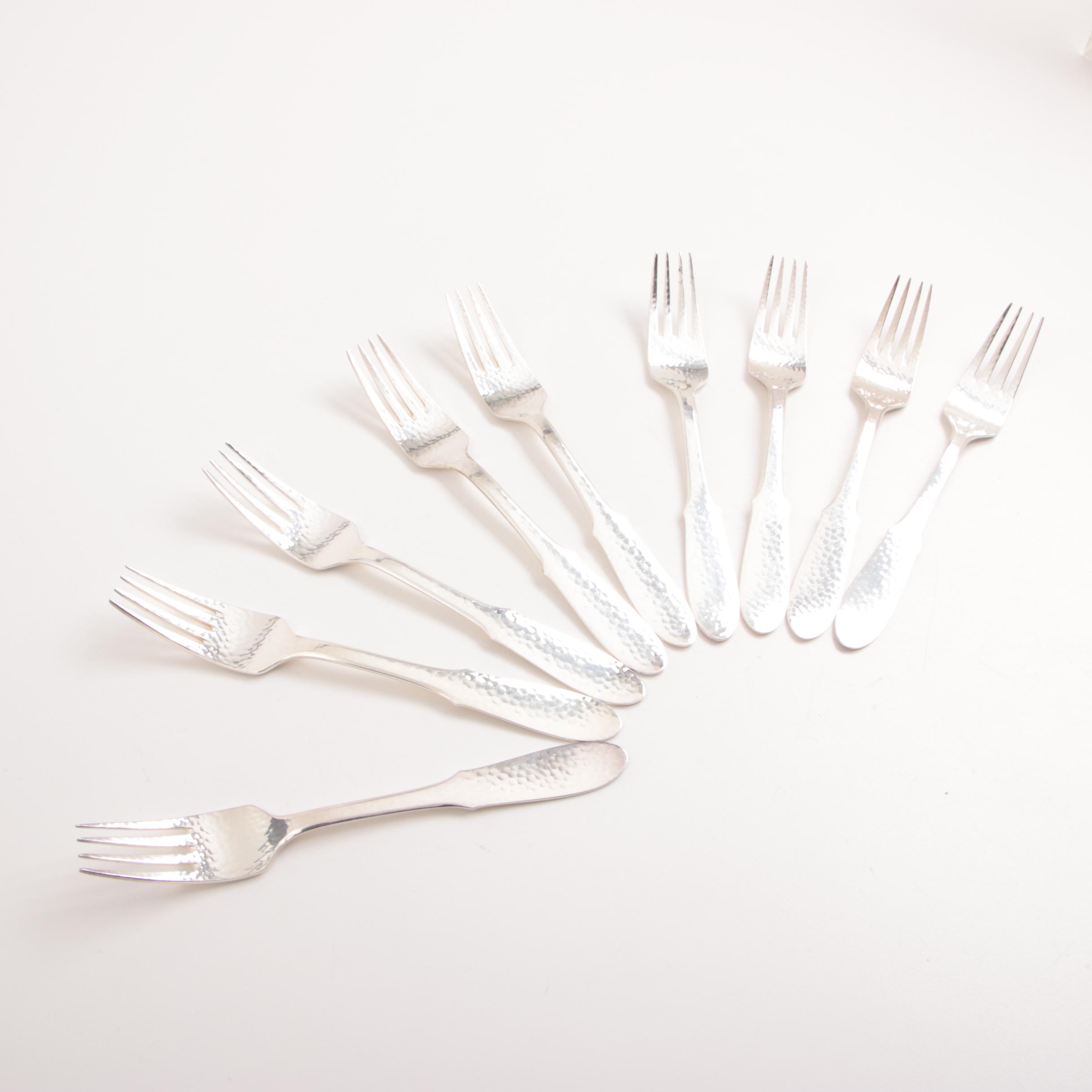 Danish Georg Jensen Silver Plate "Mermaid" Hammered Flatware Set