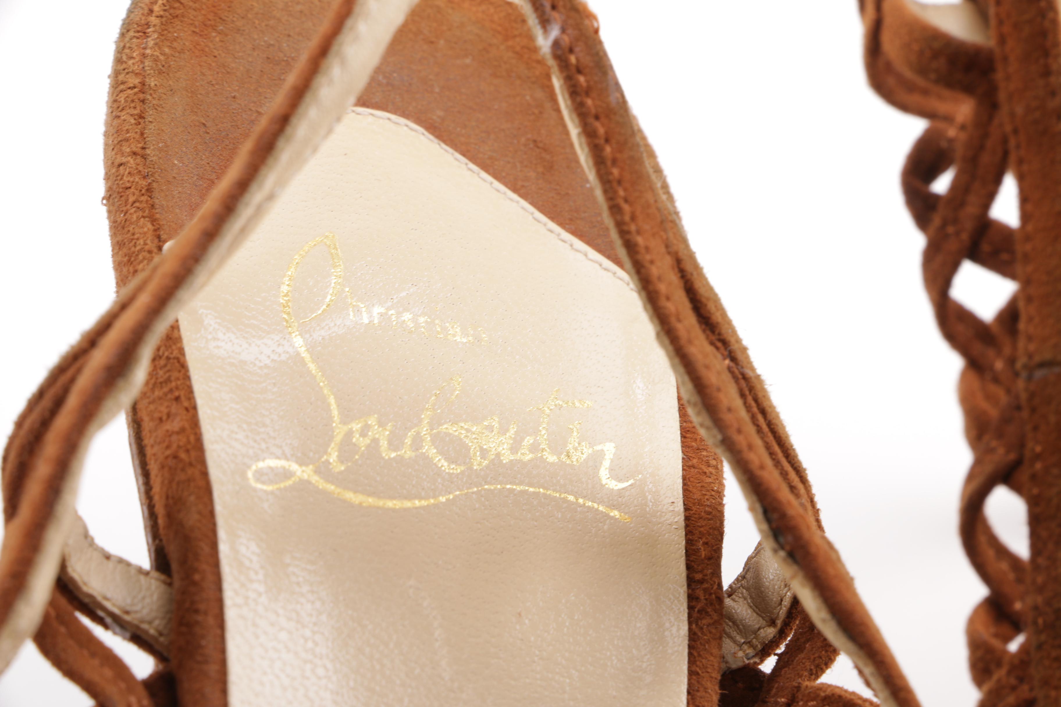 Christian Louboutin Tan Suede and Prada Brown Suede Corset Peep Toe Heels