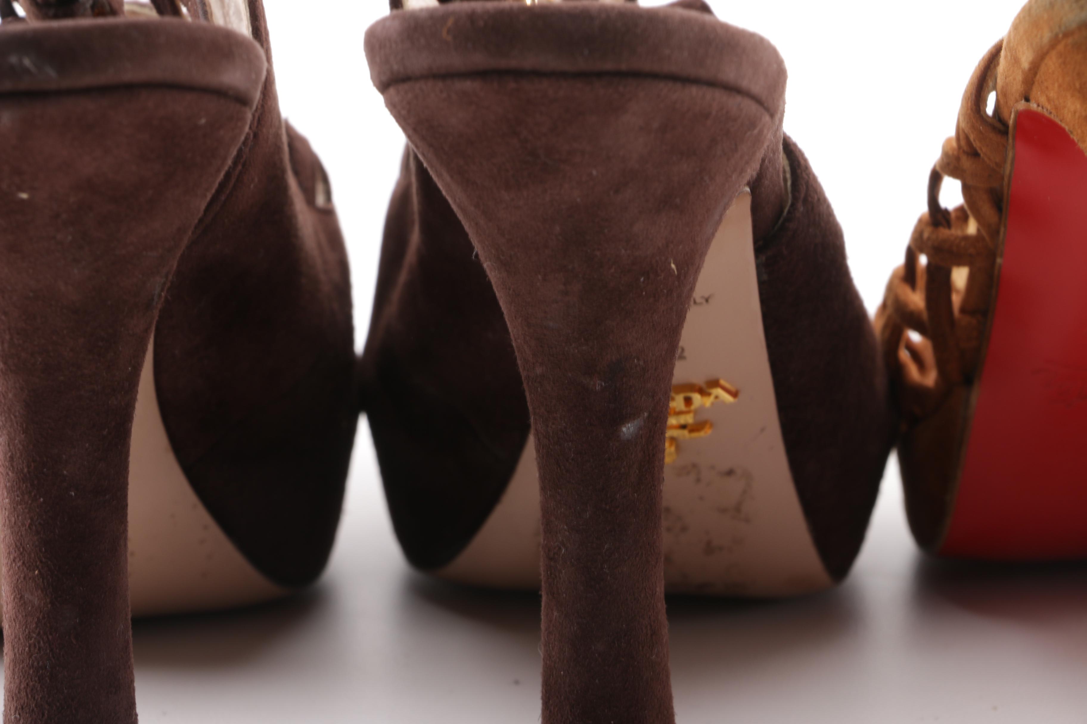 Christian Louboutin Tan Suede and Prada Brown Suede Corset Peep Toe Heels