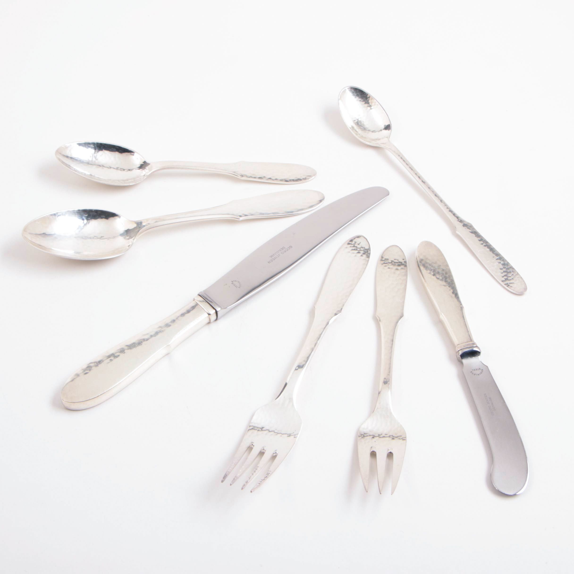 Danish Georg Jensen Silver Plate "Mermaid" Hammered Flatware Set