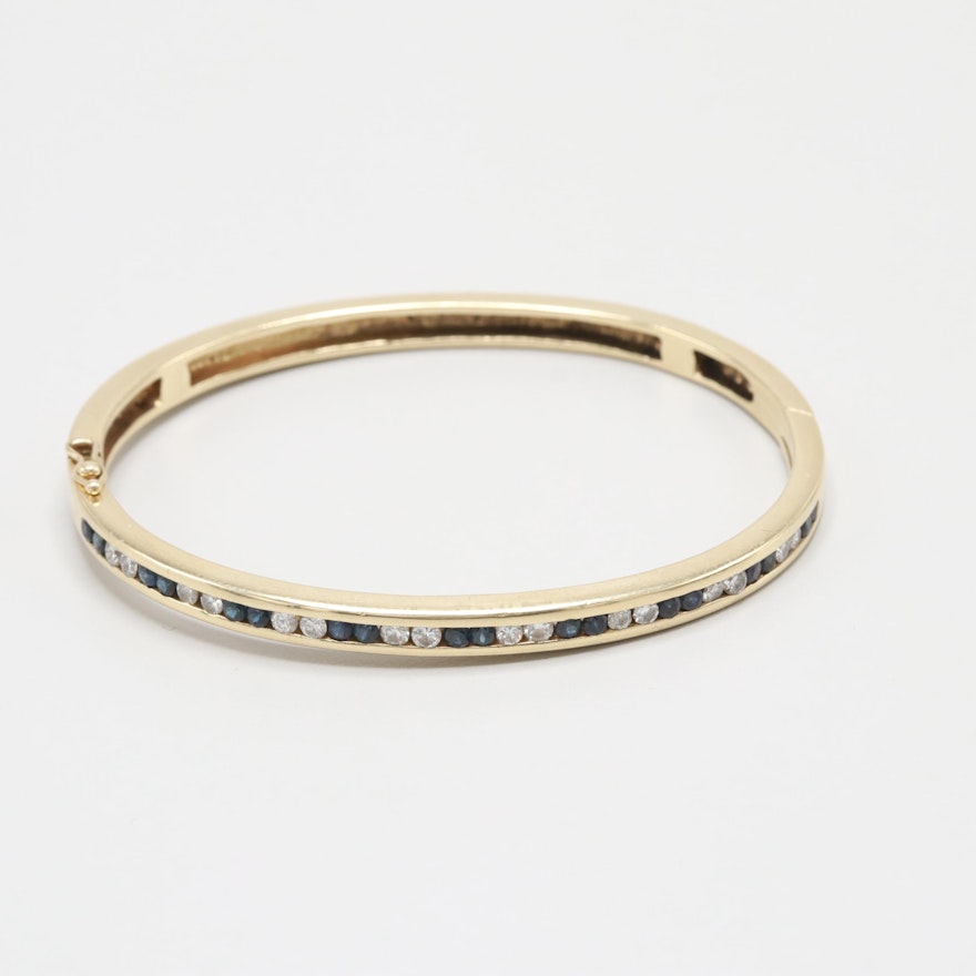 14K Yellow Gold Diamond and Blue Sapphire Hinged Bangle Bracelet
