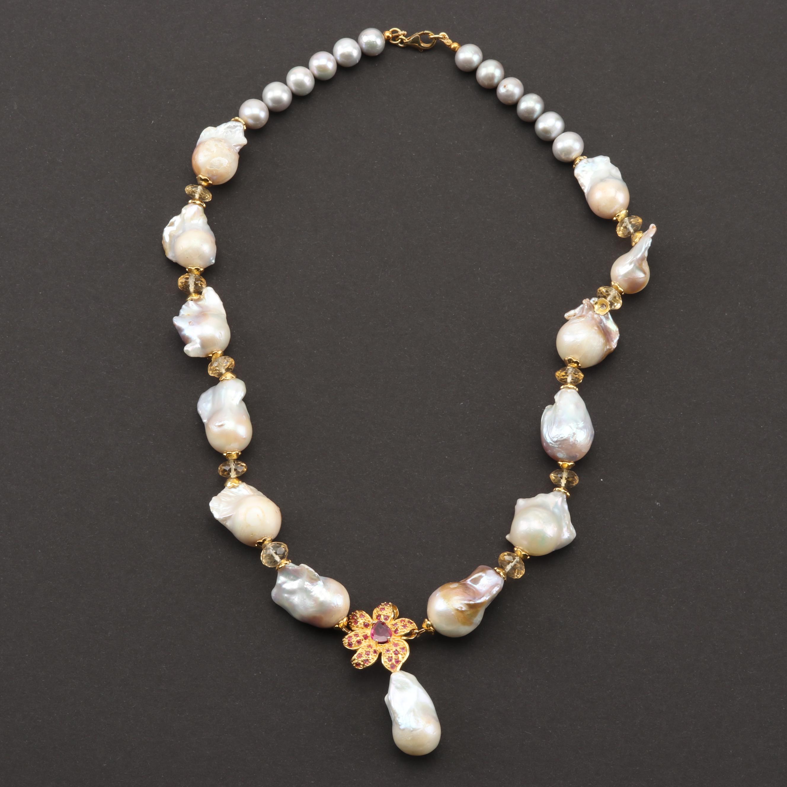 Sterling Silver Freshwater Pearl and Multi-Gemstone Necklace