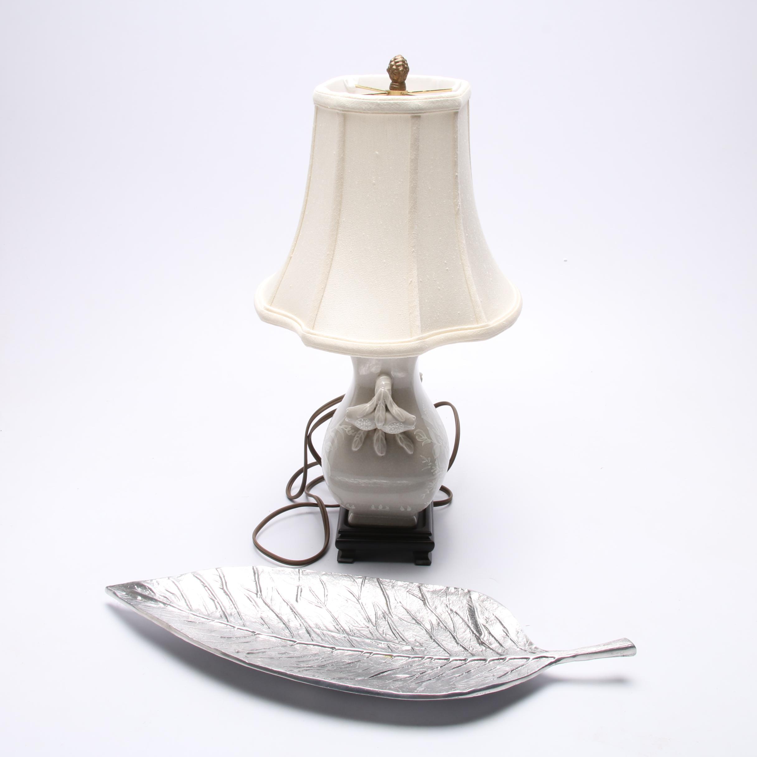 Ceramic Urn Form Table Lamp and Indian Leaf Tray