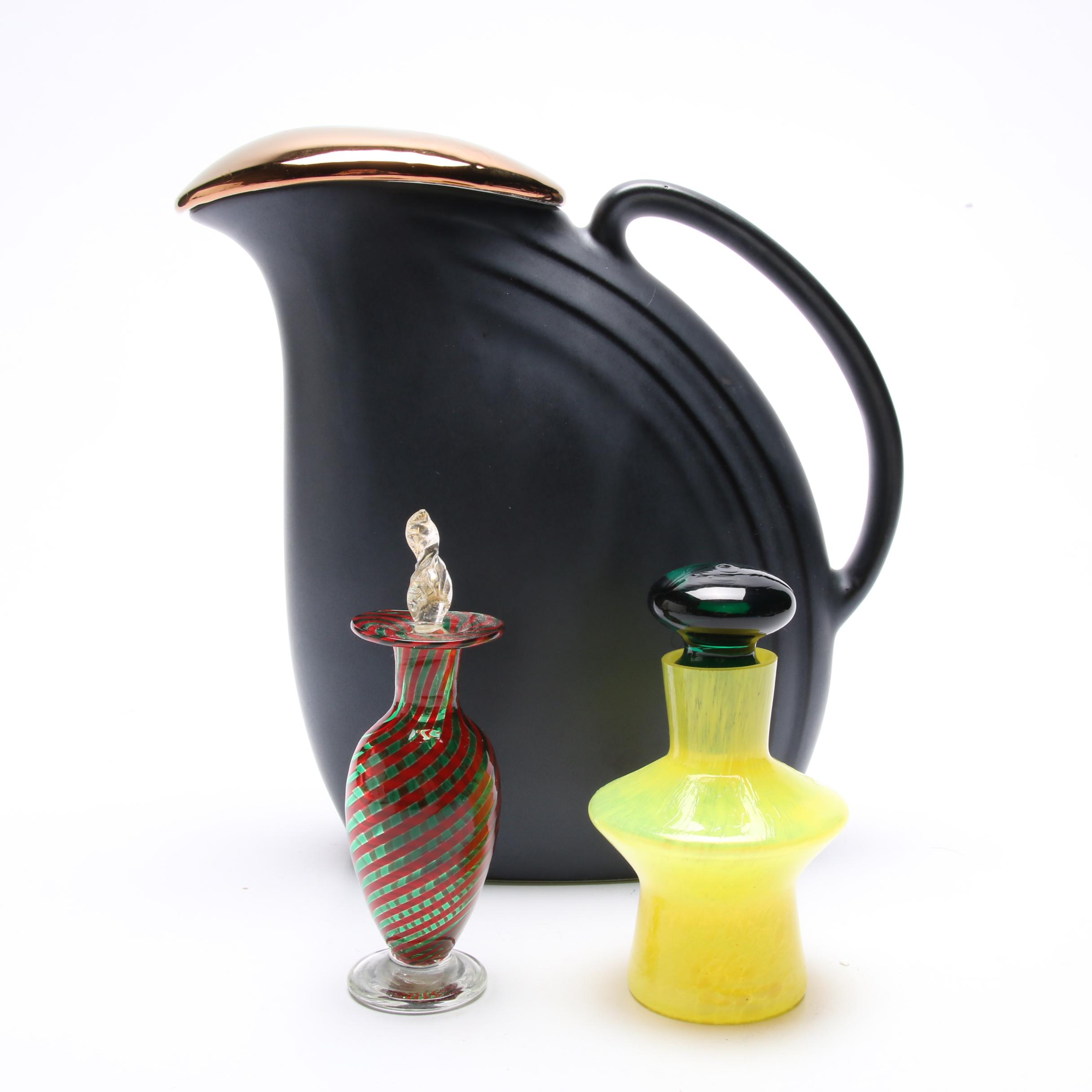 Art Glass Perfume Bottles and Art Pottery Pitcher