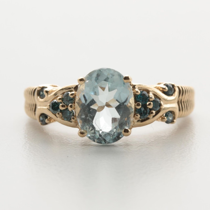 14K Yellow Gold Aquamarine and Diamond Ring