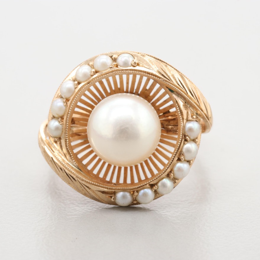 Vintage 14K Rose Gold Cultured Pearl and Seed Pearl Ring