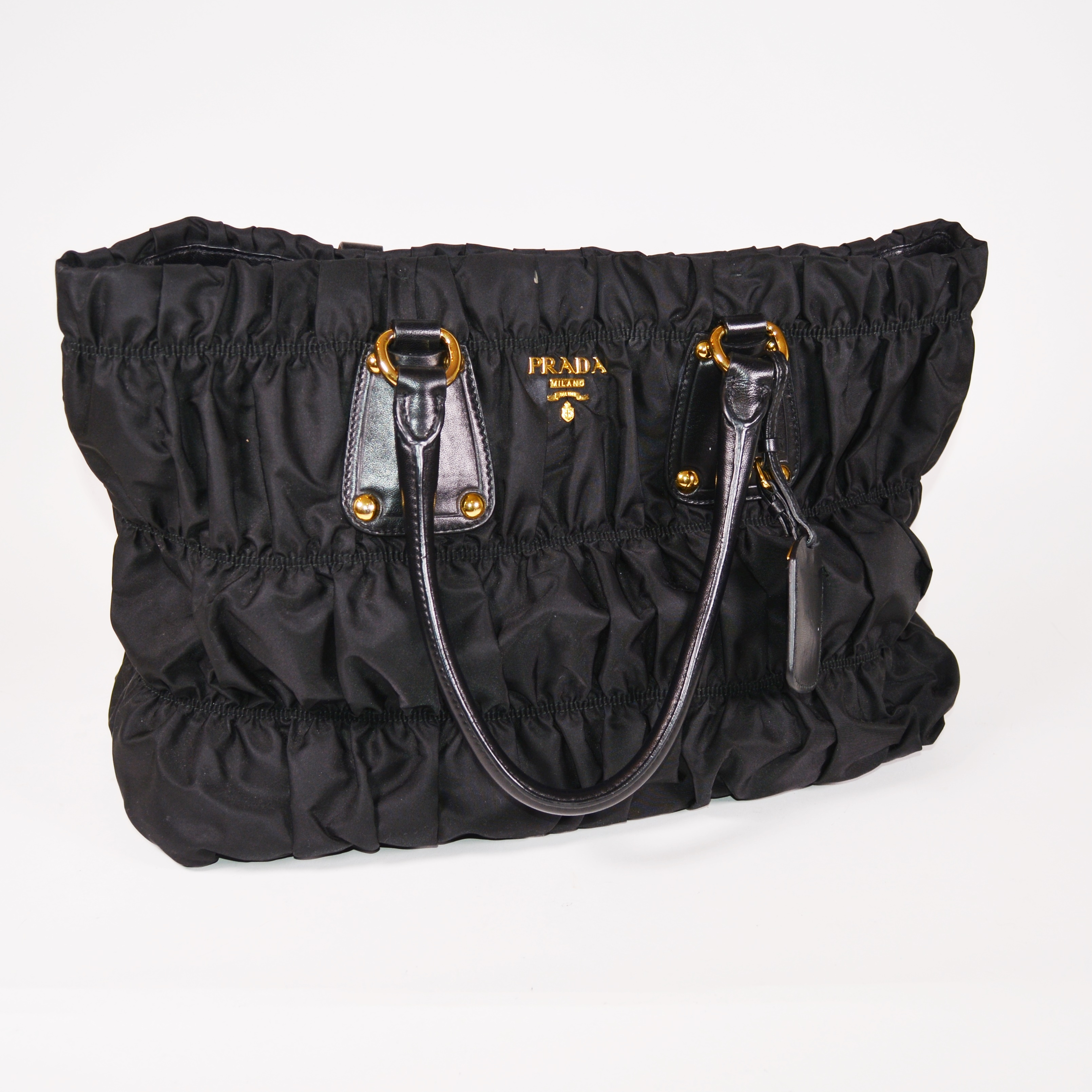 Prada Black Ruched Nylon and Leather Tote