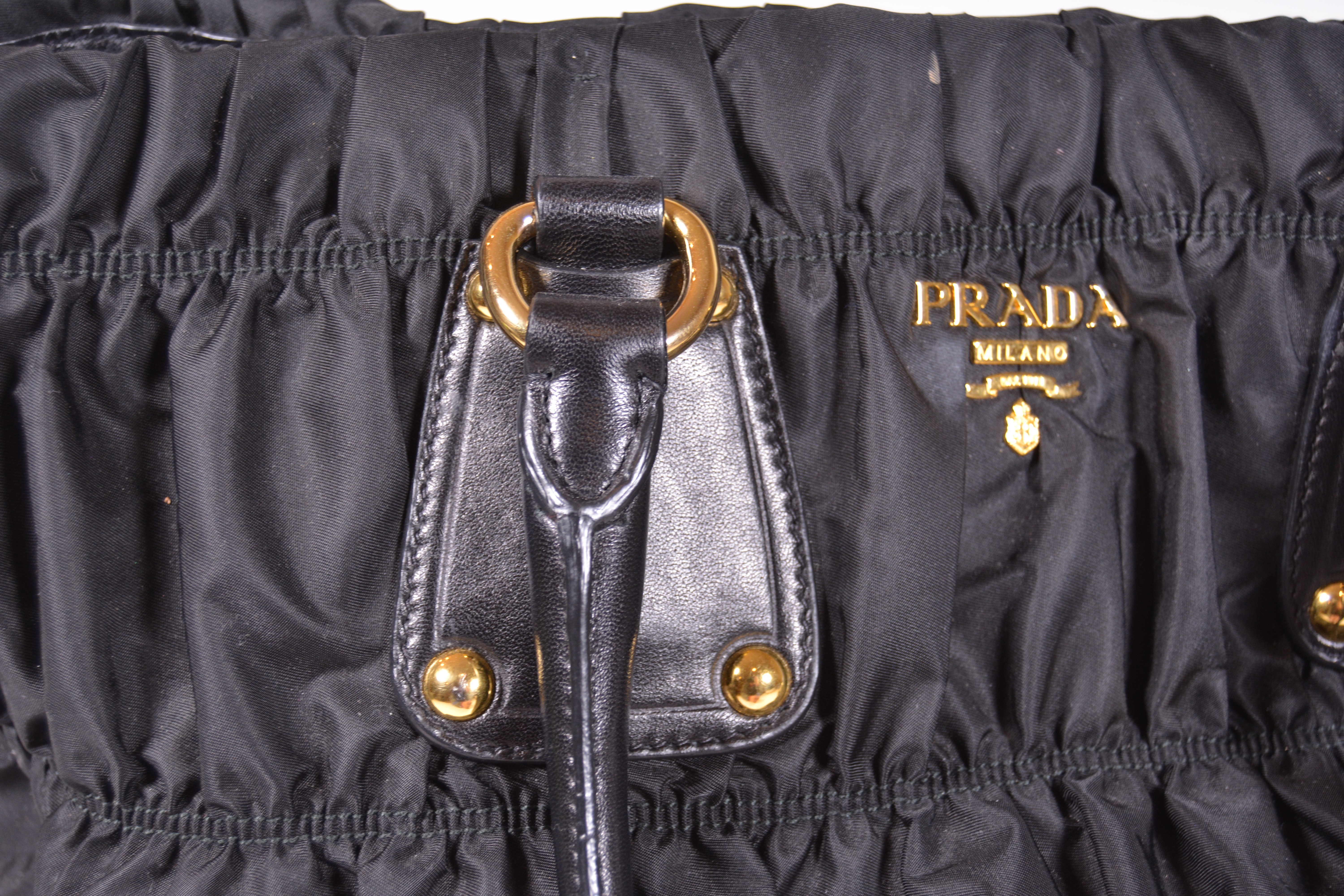 Prada Black Ruched Nylon and Leather Tote