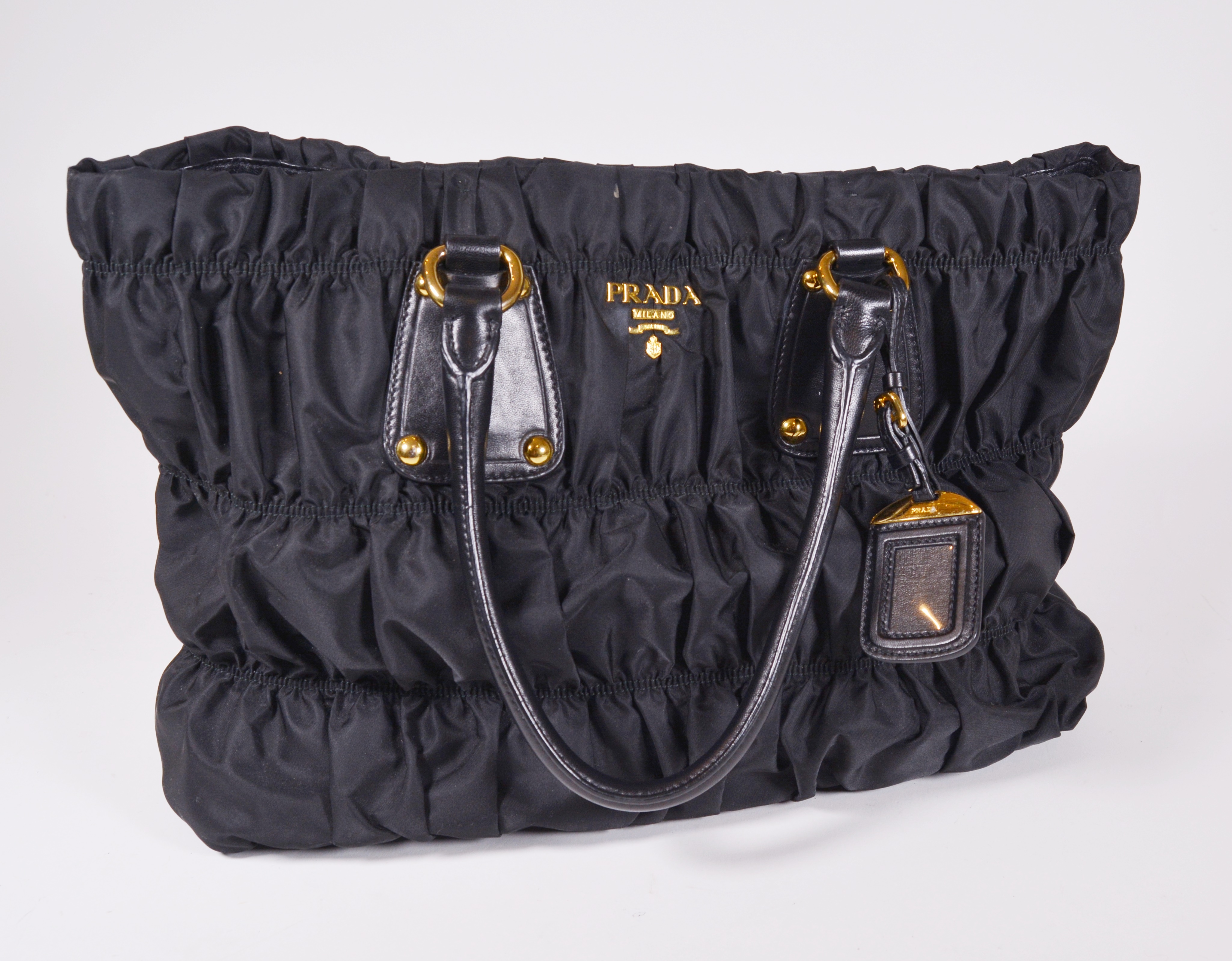 Prada Black Ruched Nylon and Leather Tote