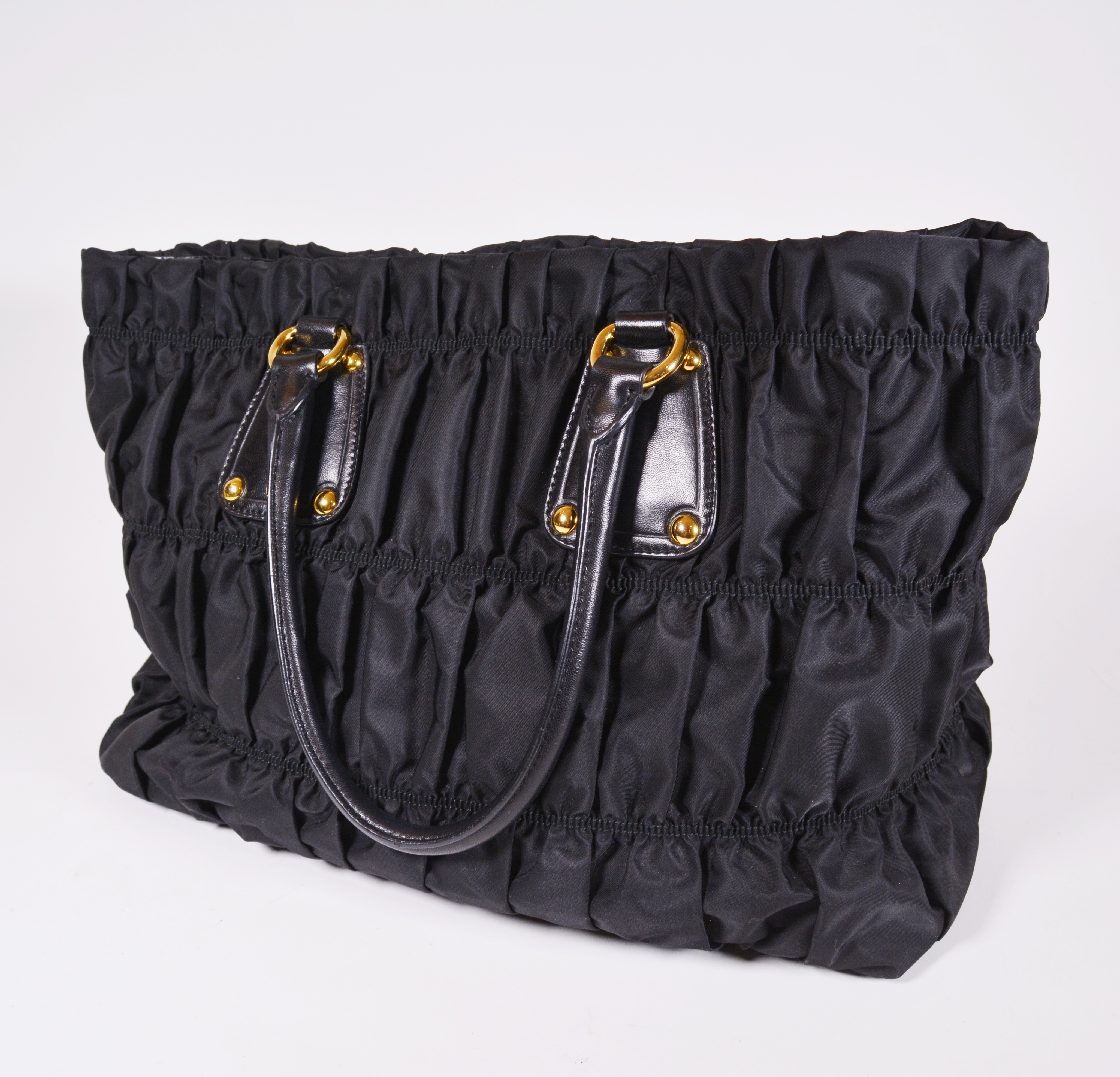 Prada Black Ruched Nylon and Leather Tote