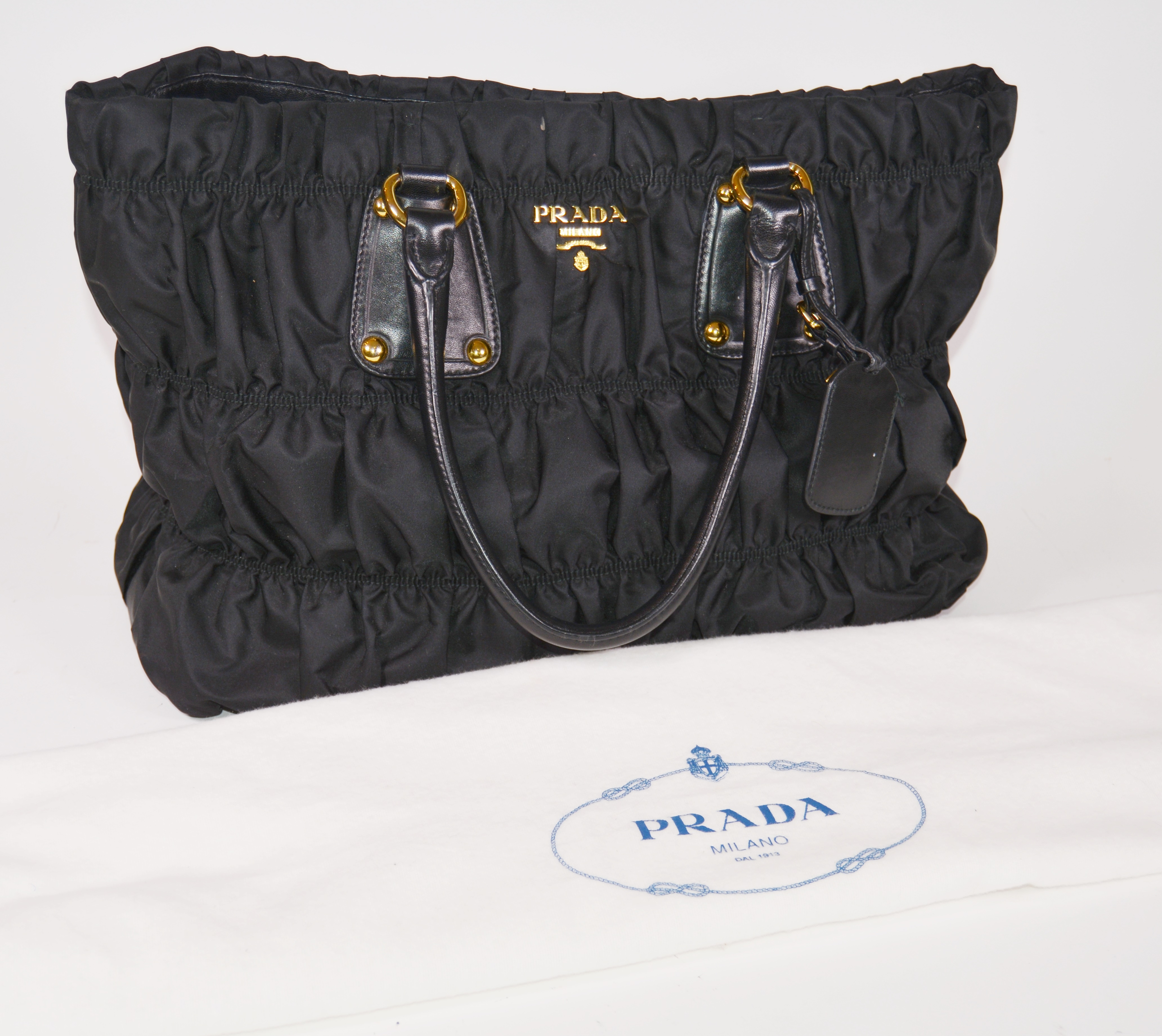 Prada Black Ruched Nylon and Leather Tote