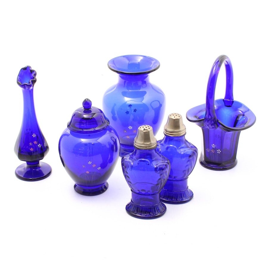 Cobalt Enameled Glass Vases and Salt and Pepper Shakers