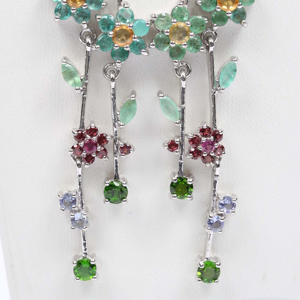 Sterling Silver 3.84 Sapphire and Multi-Gemstone Dangle Earrings