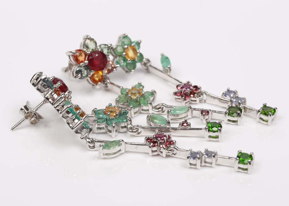 Sterling Silver 3.84 Sapphire and Multi-Gemstone Dangle Earrings