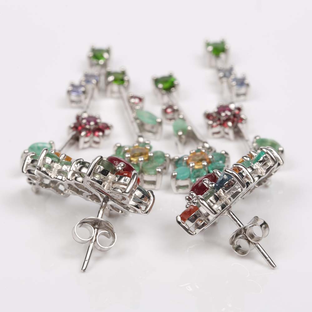 Sterling Silver 3.84 Sapphire and Multi-Gemstone Dangle Earrings