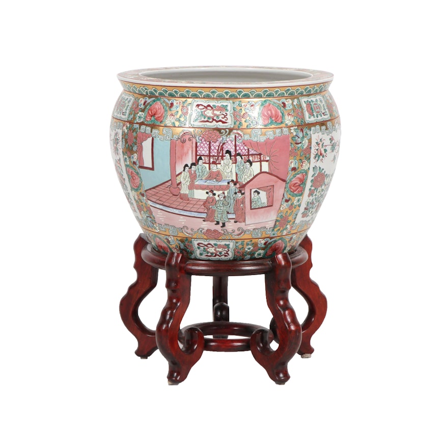 Chinese "Rose Medallion" Fish Bowl Planter with Wooden Stand