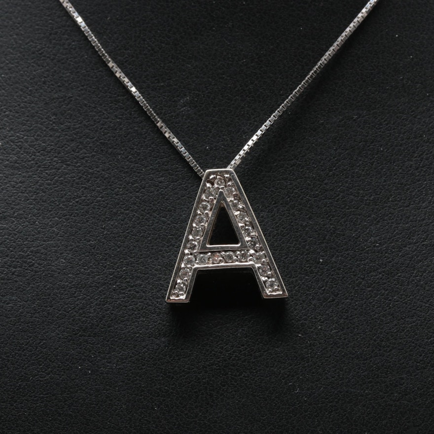 14K White Gold Diamond Letter "A" Necklace