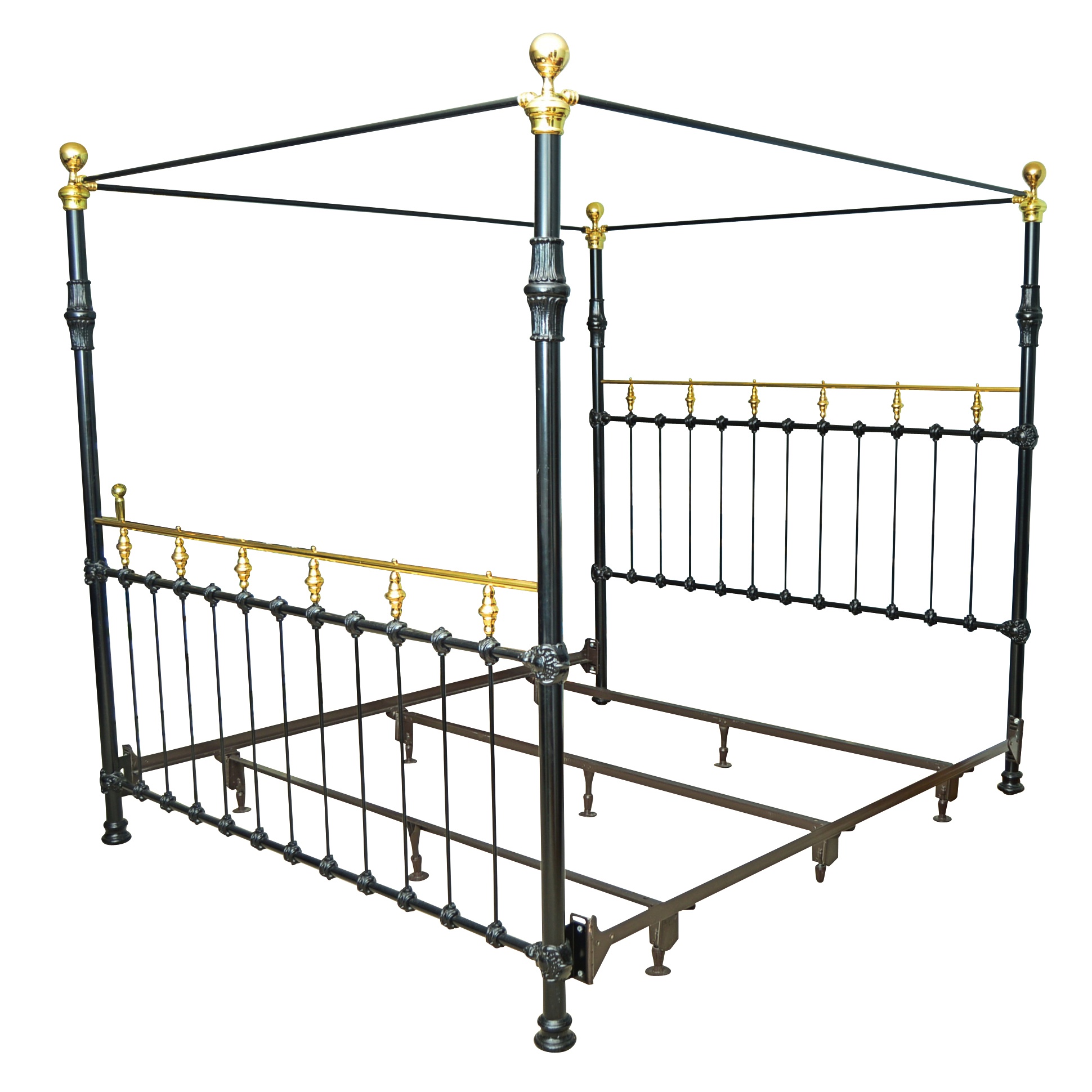 Victorian Style Black Iron King Canopy Bed with Brass Accents