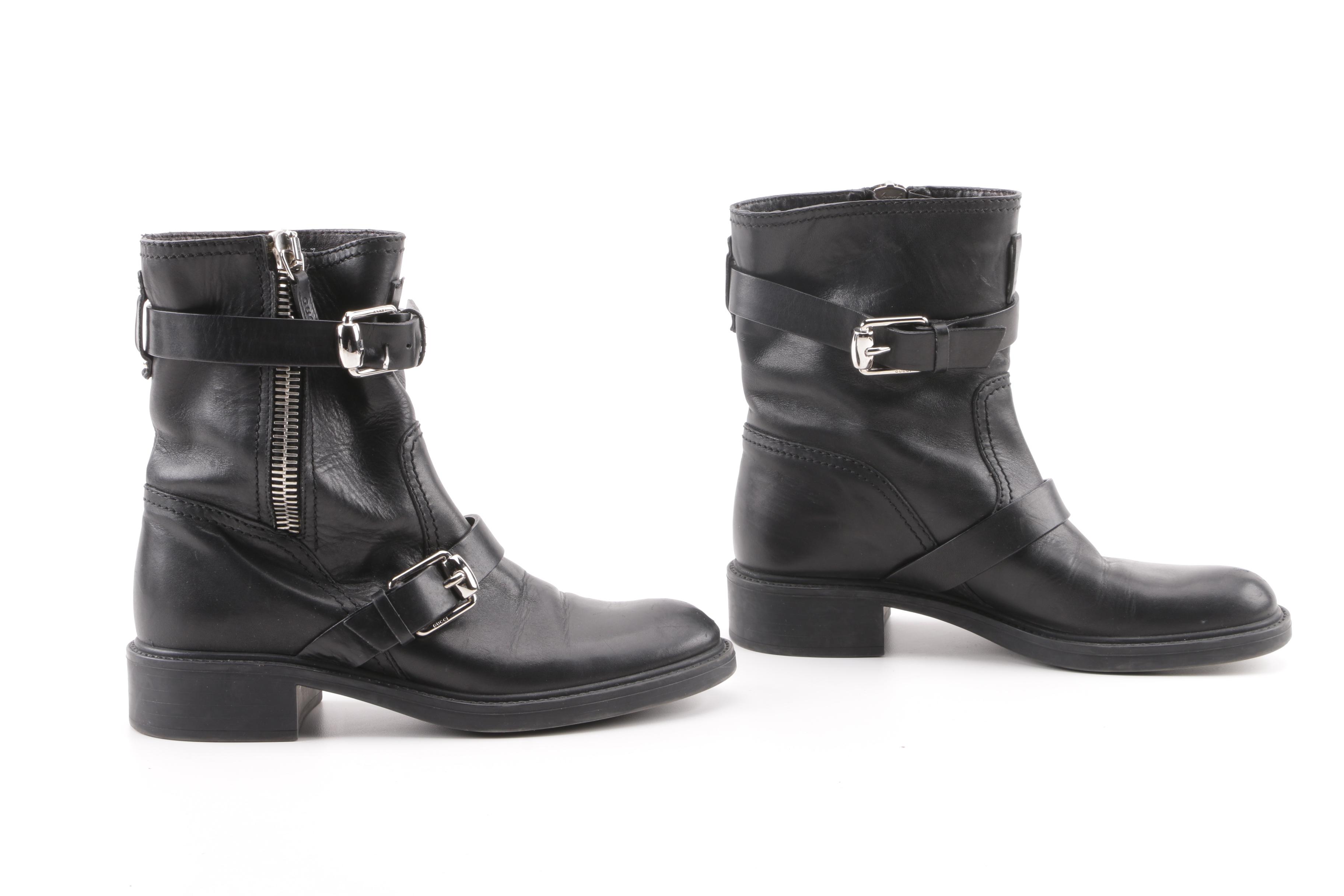 Women's Gucci Edie Black Leather Moto Boots