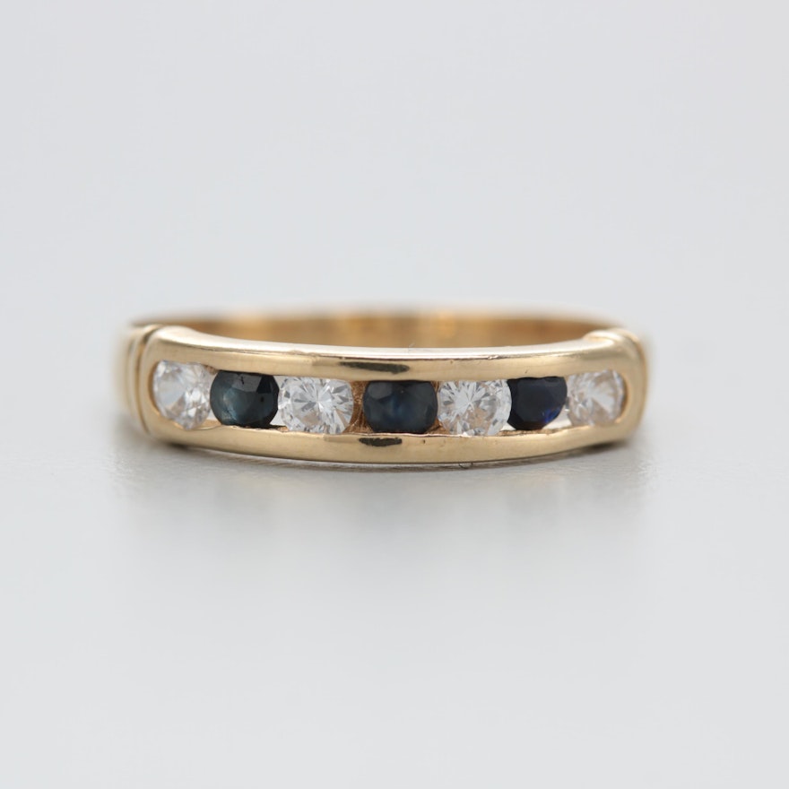 14K Yellow Gold Blue Sapphire and Cubic Zirconia Ring