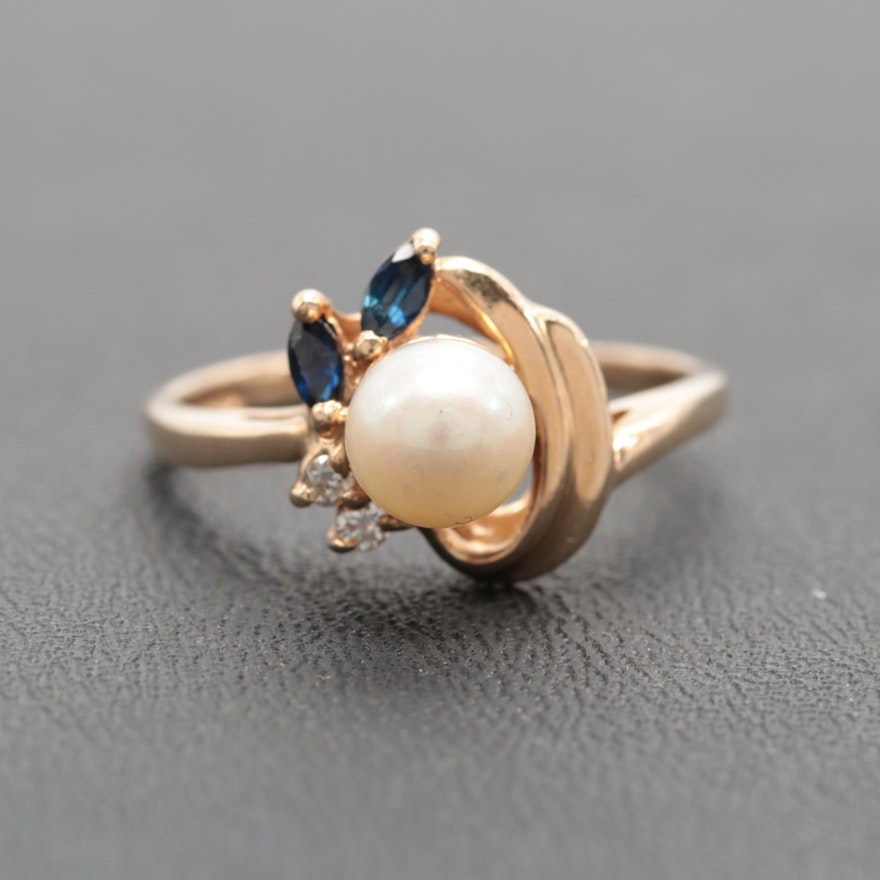 14K Yellow Gold Cultured Pearl, Blue Sapphire and Diamond Ring