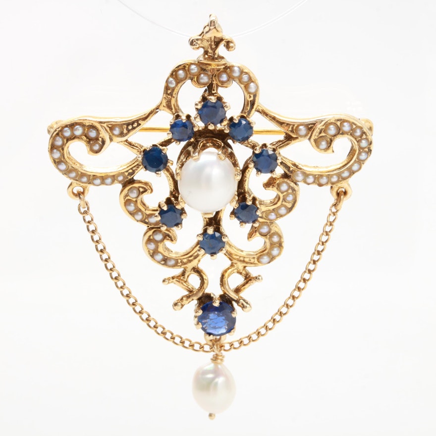 Victorian Revival Vintage 14K Gold Cultured Pearl Blue Sapphire Pendant Brooch
