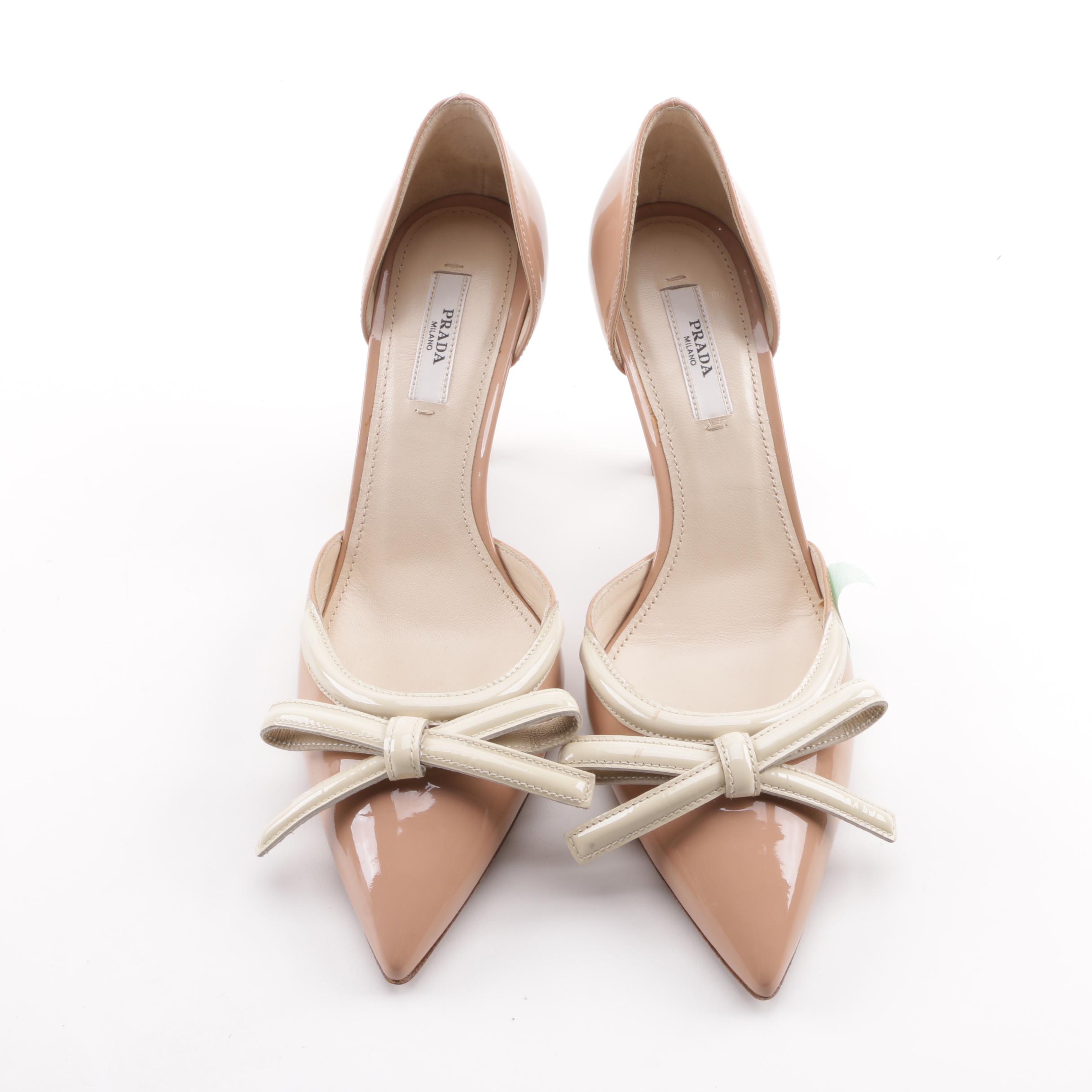 Prada Blush and Cream Patent Leather d'Orsay Pumps with Bow Detail