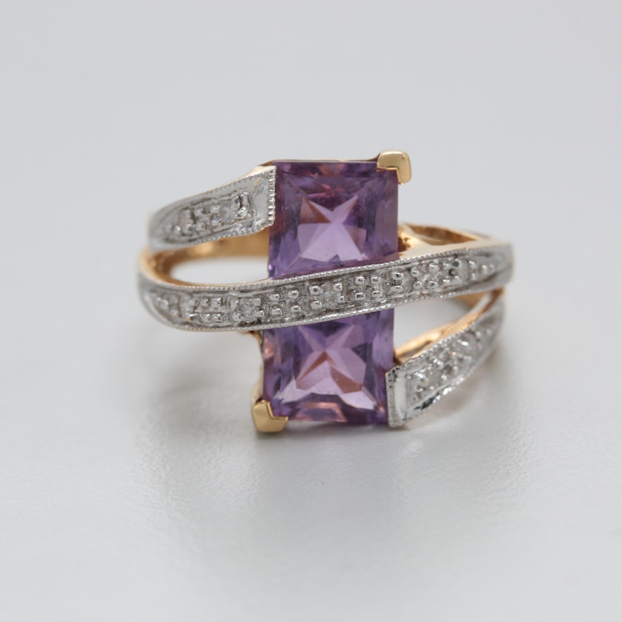 18K Yellow Gold Amethyst and Diamond Ring