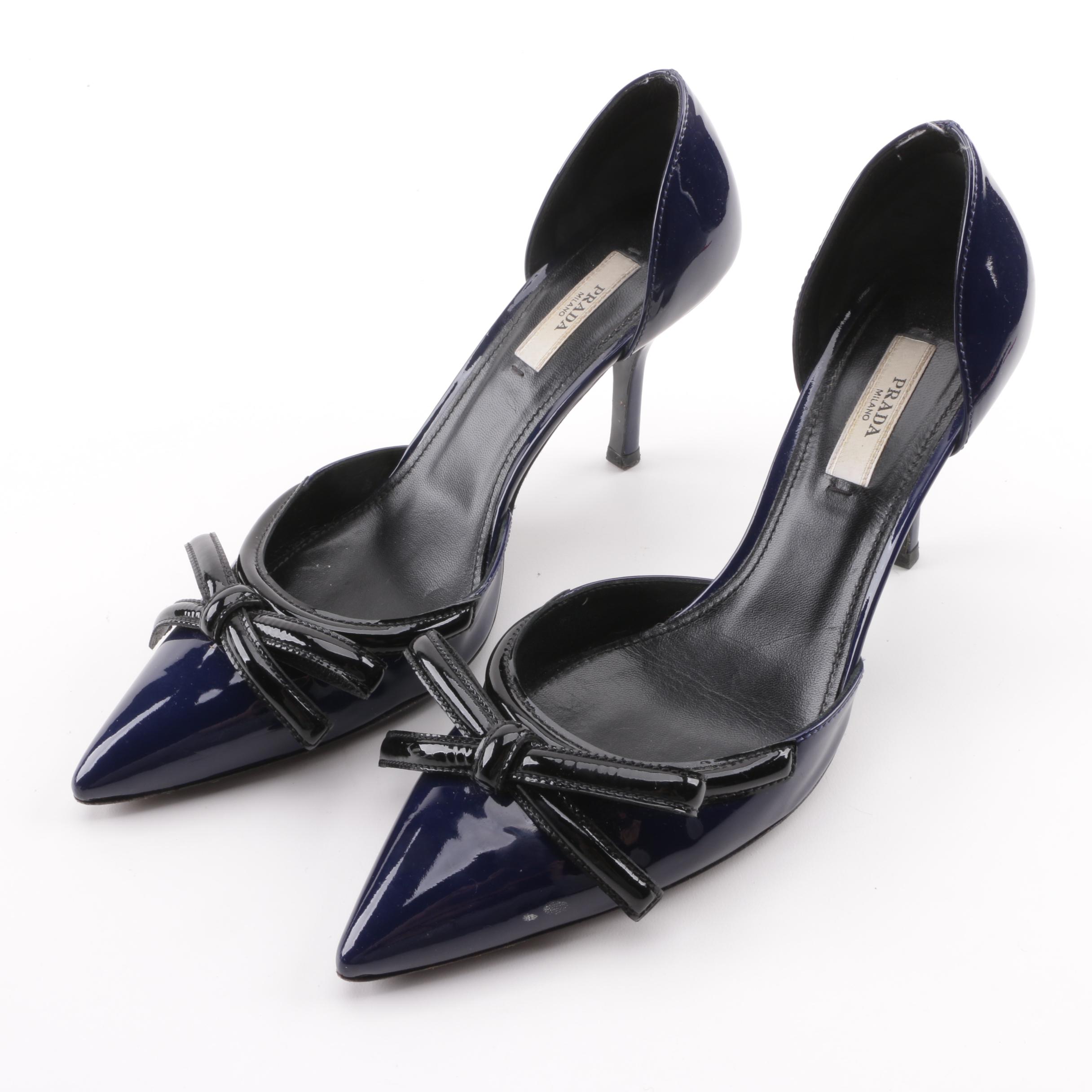 Prada Cobalt and Black Patent Leather d'Orsay Pumps with Bow Detail